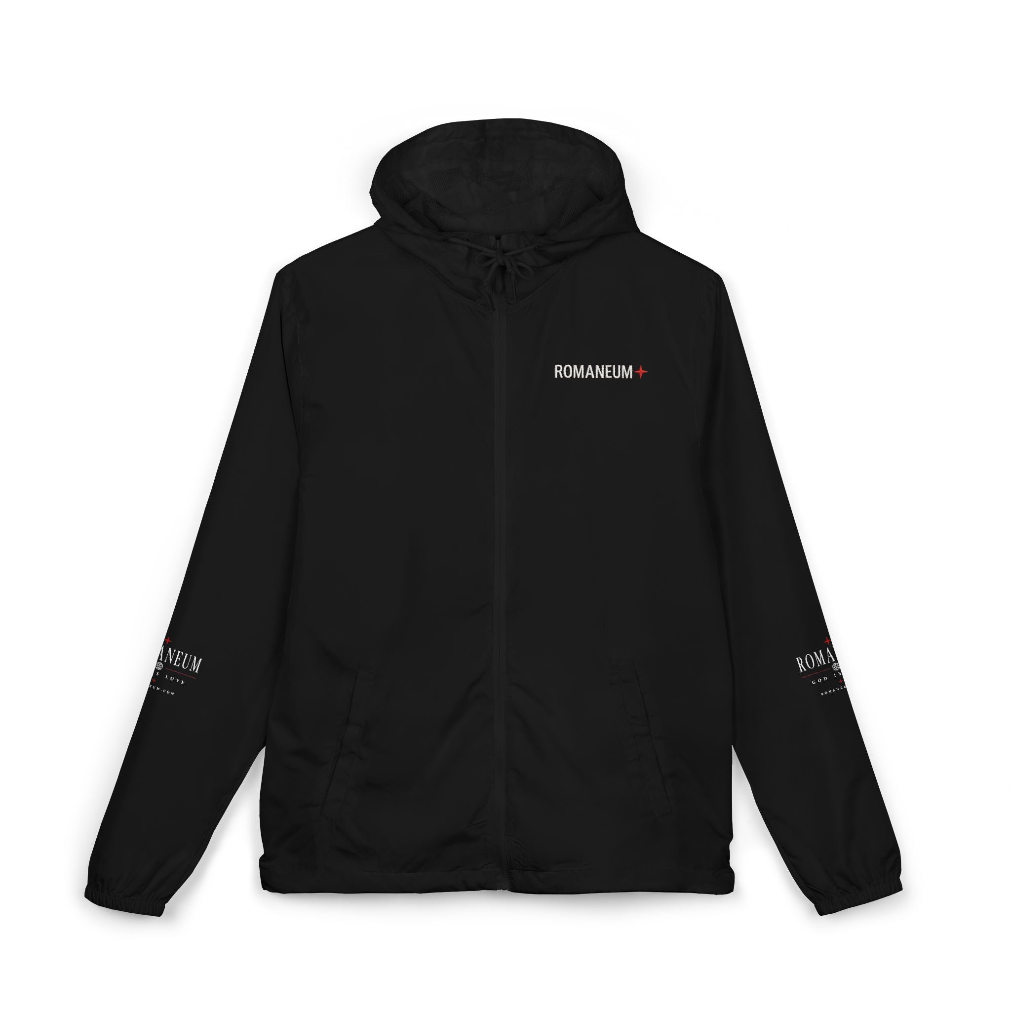 Windbreaker Jacket — 'AMOR ROMA' Christian Graphic Full-Zip Hoodie-Style Windbreaker