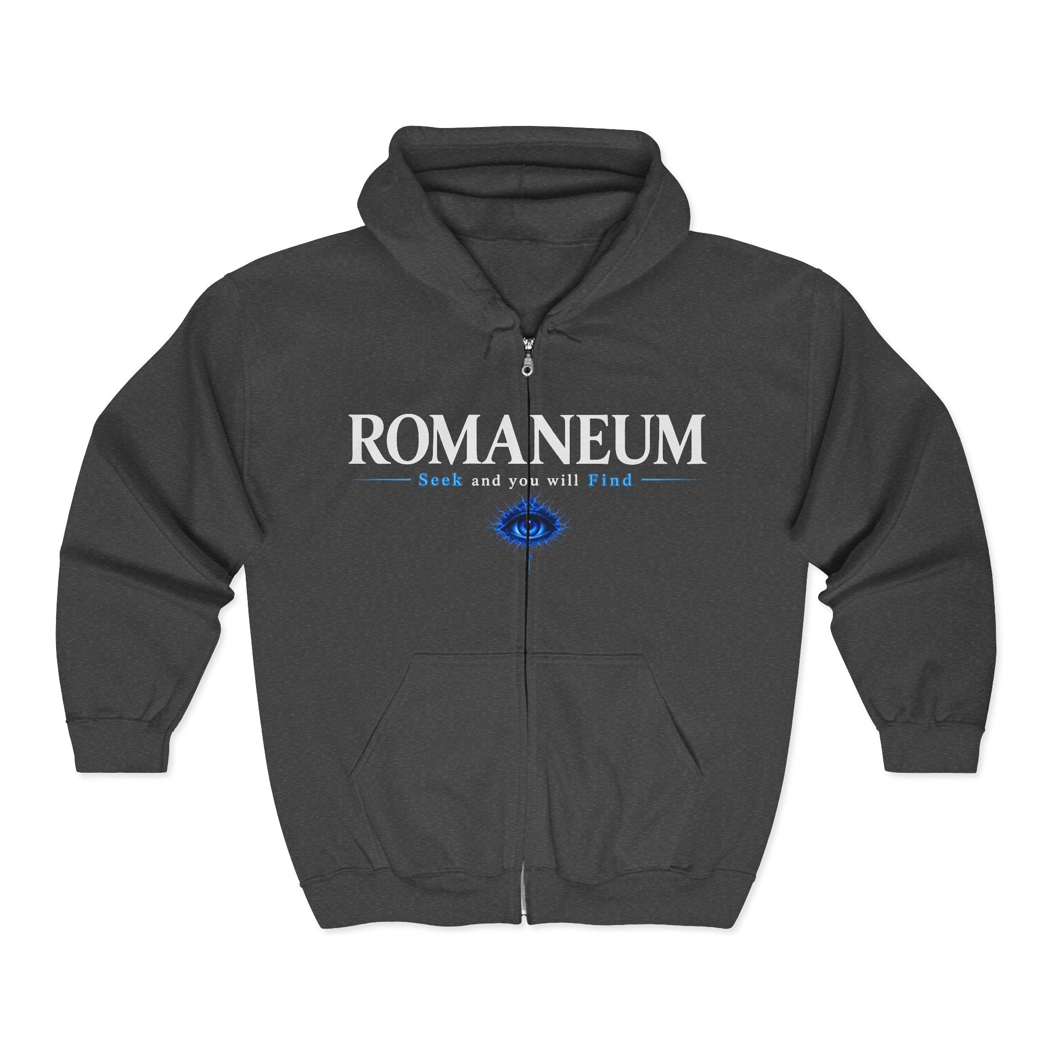 Romaneum Zip Hoodie — "Seek and you will Find" Gothic Logo