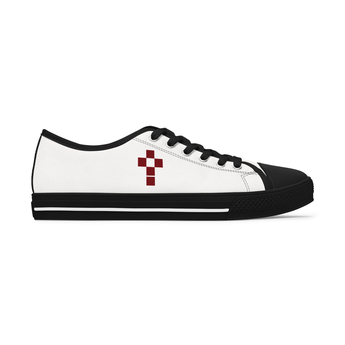 White Low Top Sneakers with Burgundy Pixel Cross — Women's Casual Canvas Shoes