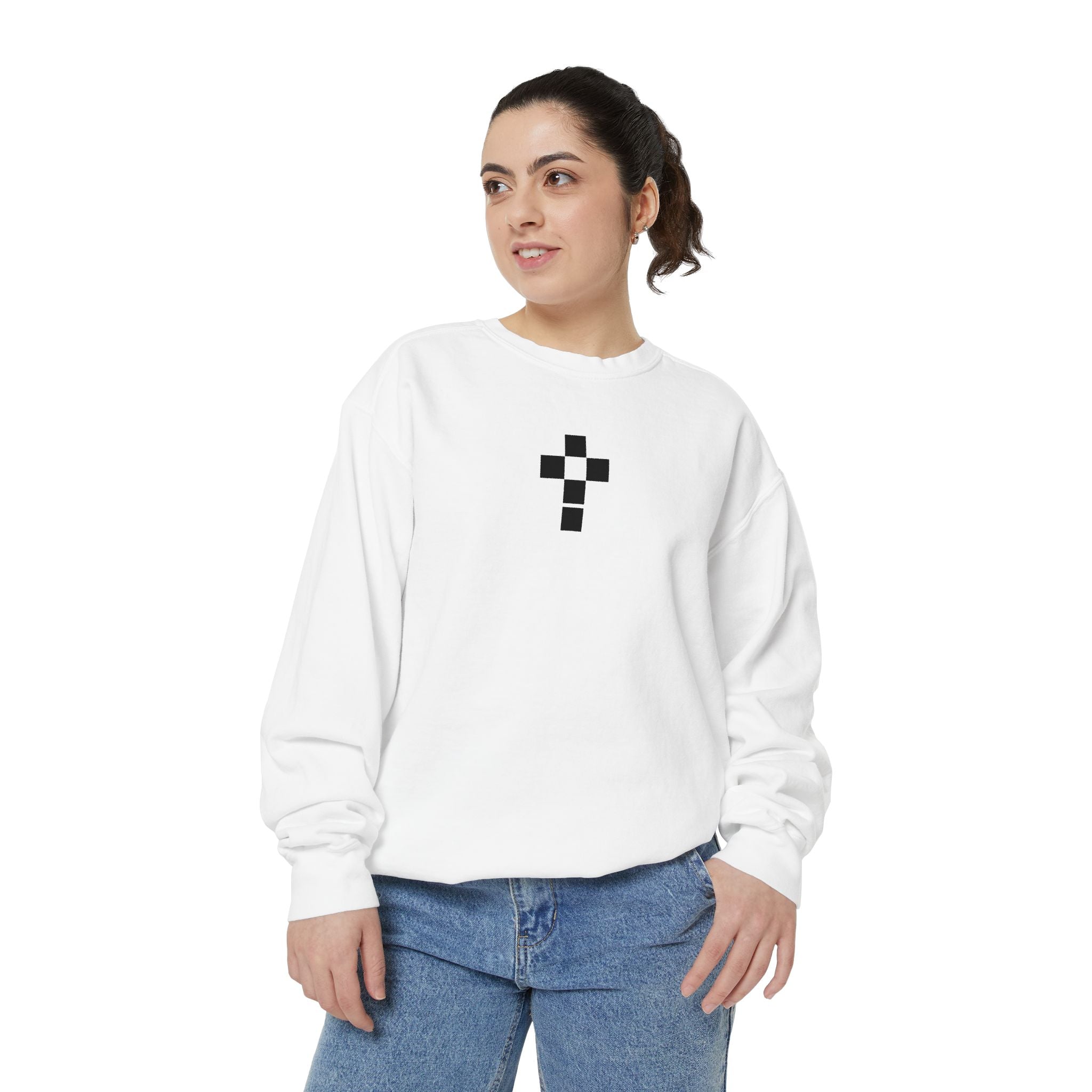 Romaneum Checkerboard Cross Sweatshirt | Minimal Religious Crewneck