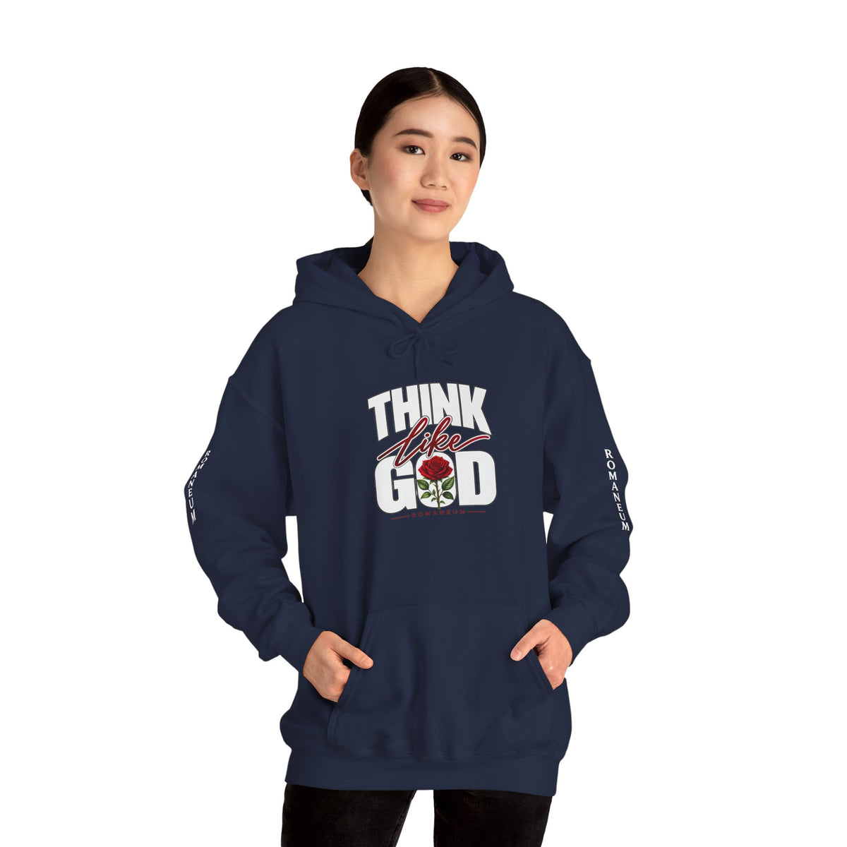 Think Like God Hoodie — Graphic Religious Pullover with Romaneum Sleeve Print