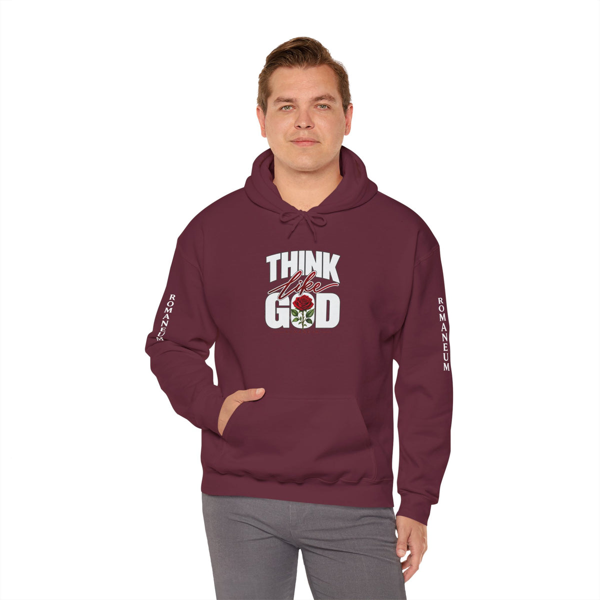 Think Like God Hoodie — Graphic with Romaneum Sleeve Print