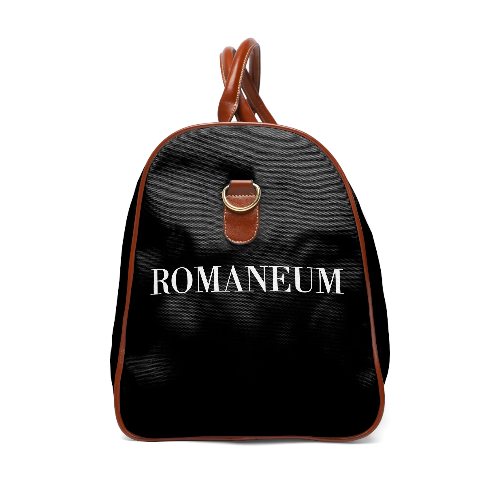 Waterproof Travel Bag – Black Duffle with 'ROMANEUM' & Geometric Cross Design