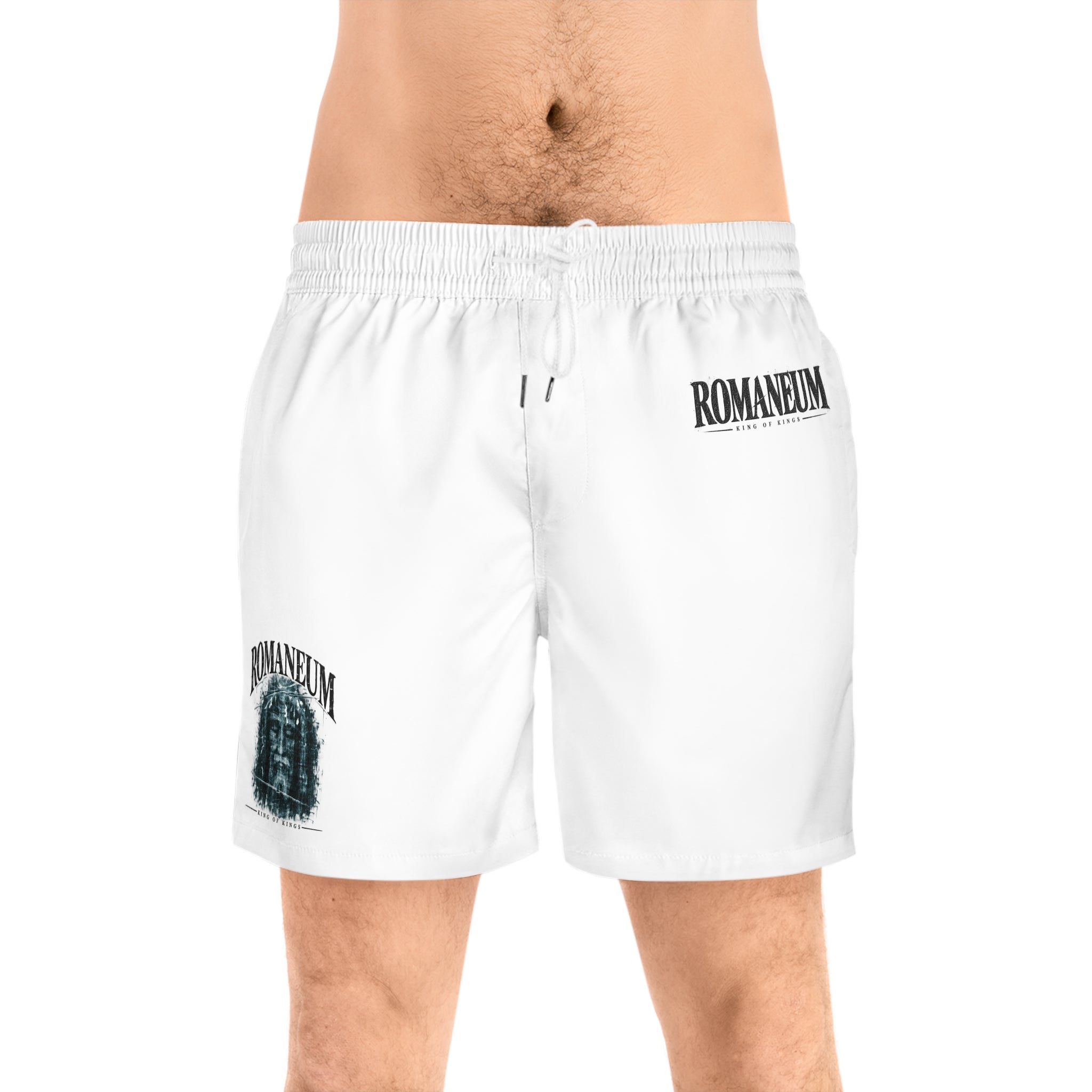 Romaneum Logo Men's Swim Shorts — White Mid-Length Beach Trunks