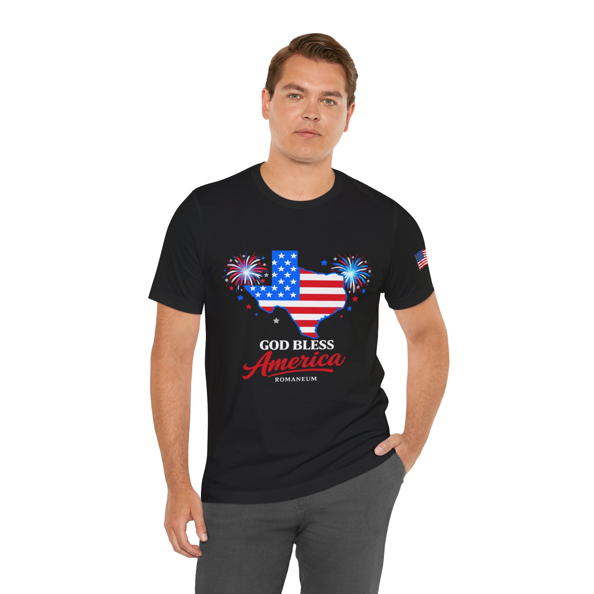 Romaneum God Bless America map tee | American flag outline, fireworks, patriotic shirt