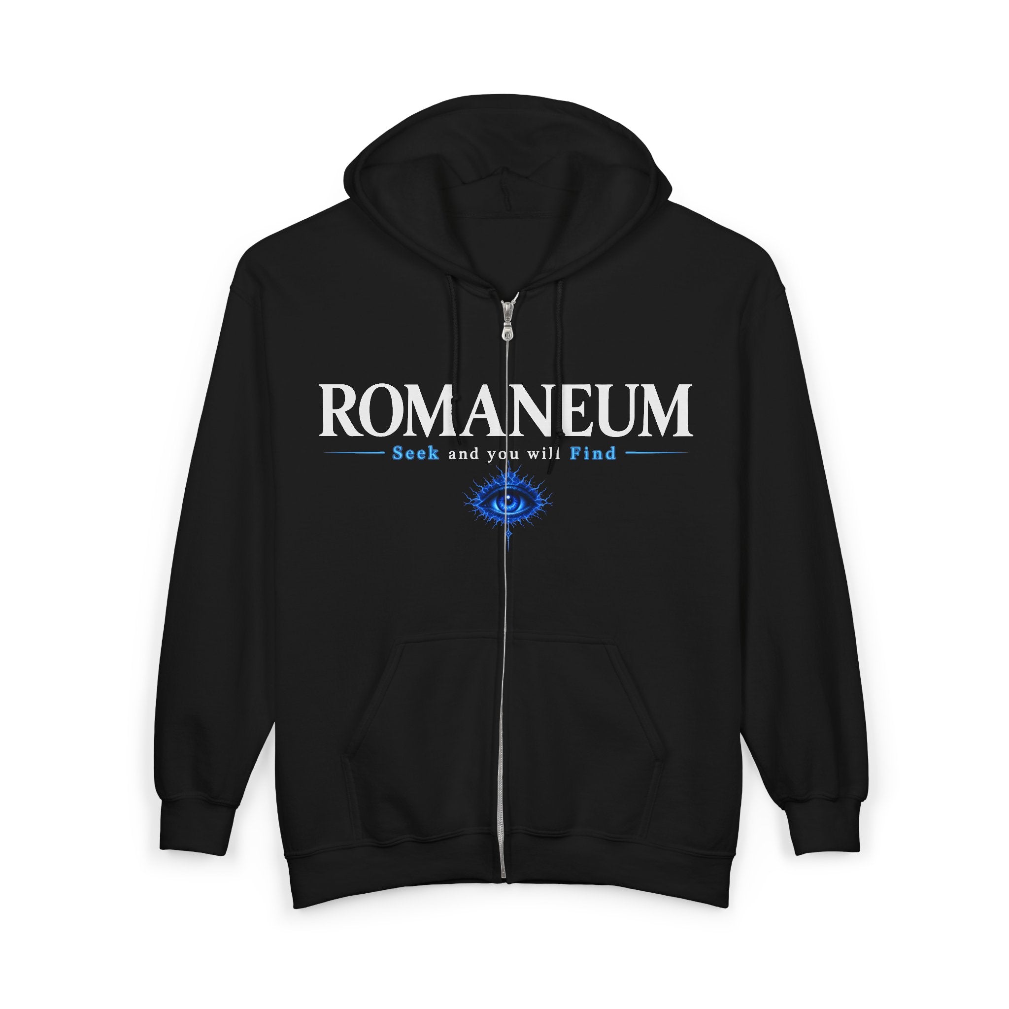 Romaneum Zip Hoodie — "Seek and you will Find" Gothic Logo