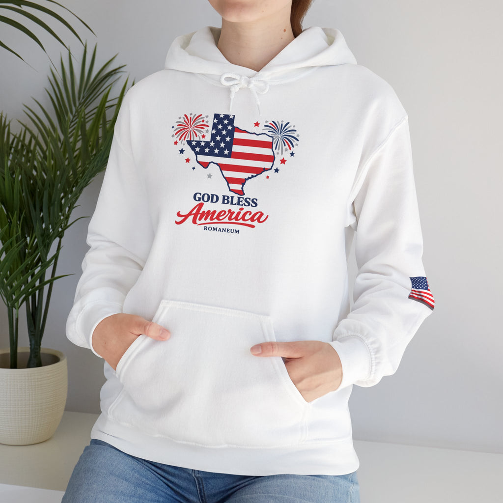 Romaneum God Bless America flag map Hoodie | American flag fireworks sleeve