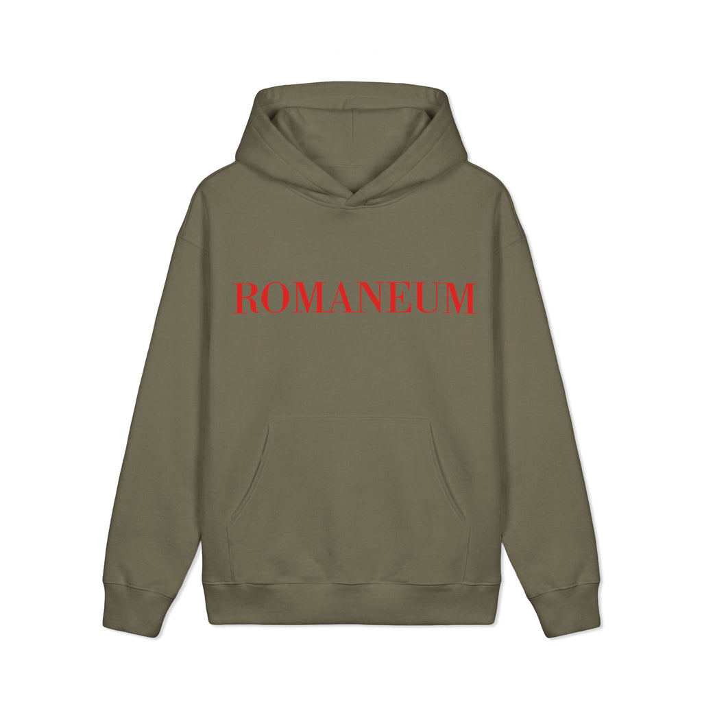 Romaneum Logo Hoodie — Minimalist Cream Pullover with Red Text