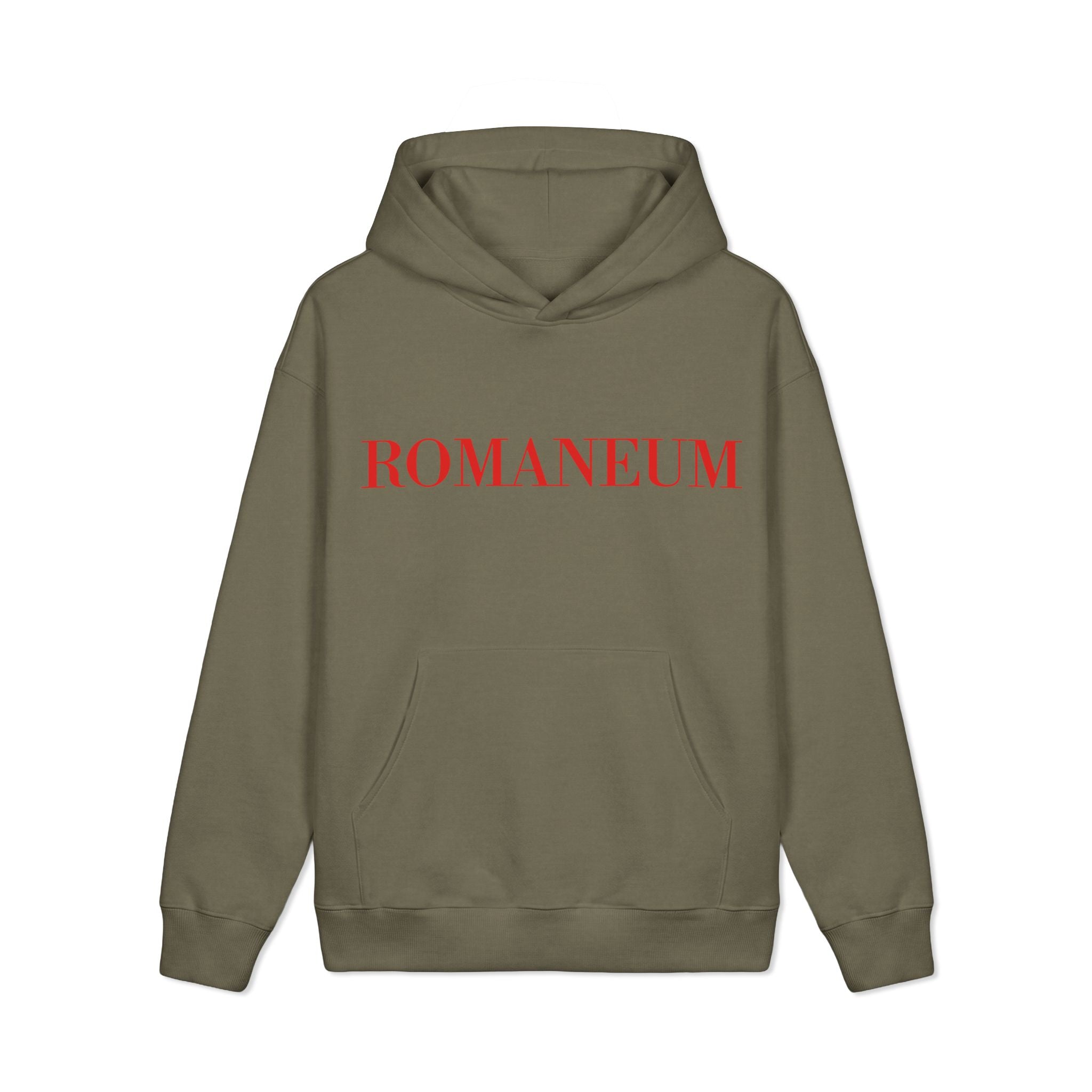Romaneum Logo Hoodie — Minimalist Cream Pullover with Red Text