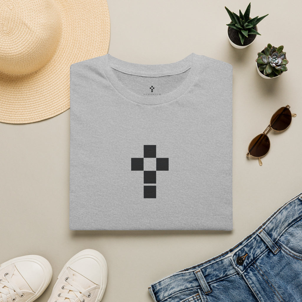 Romaneum Minimal Pixel Cross T-Shirt | Small Geometric Church Symbol