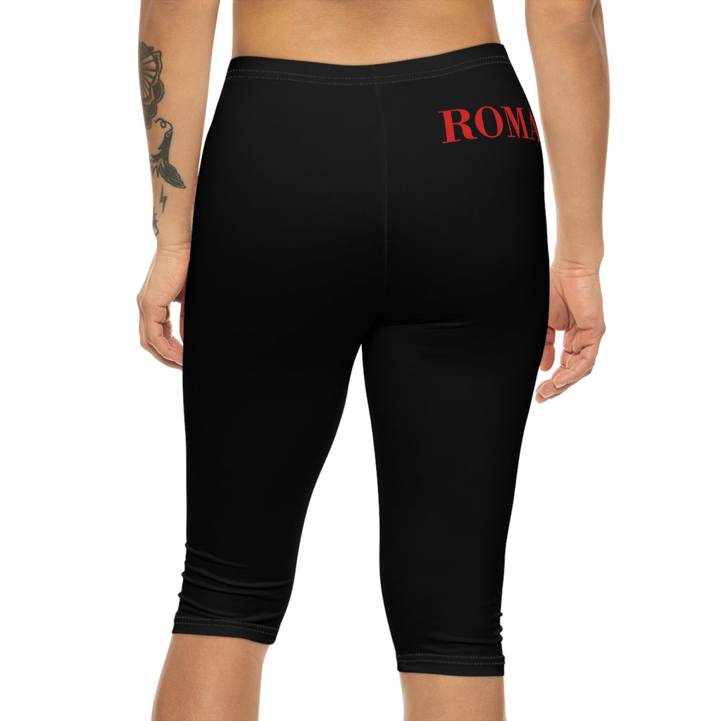 Romaneum Forum Capri Leggings — Black Capri Leggings with ROMANEUM Red Vertical Text