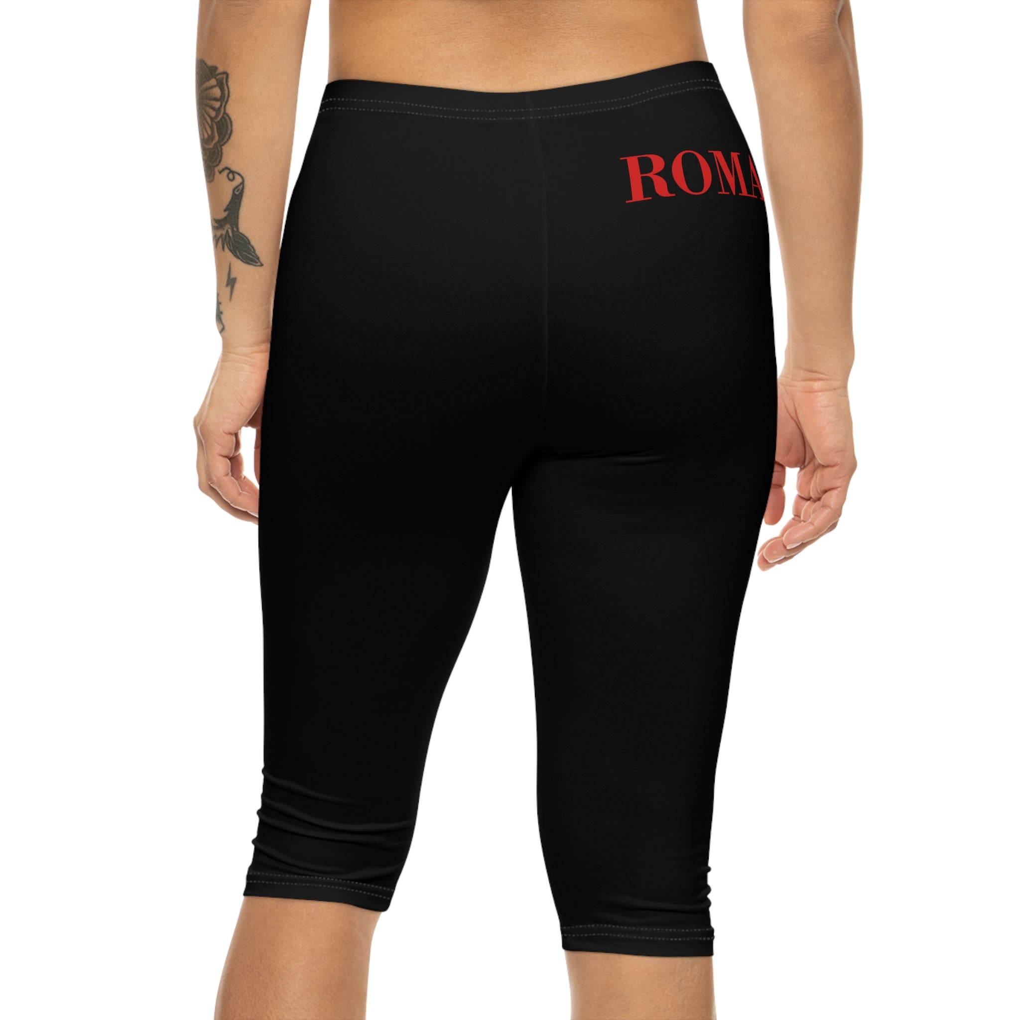 Romaneum Forum Capri Leggings — Black Capri Leggings with ROMANEUM Red Vertical Text