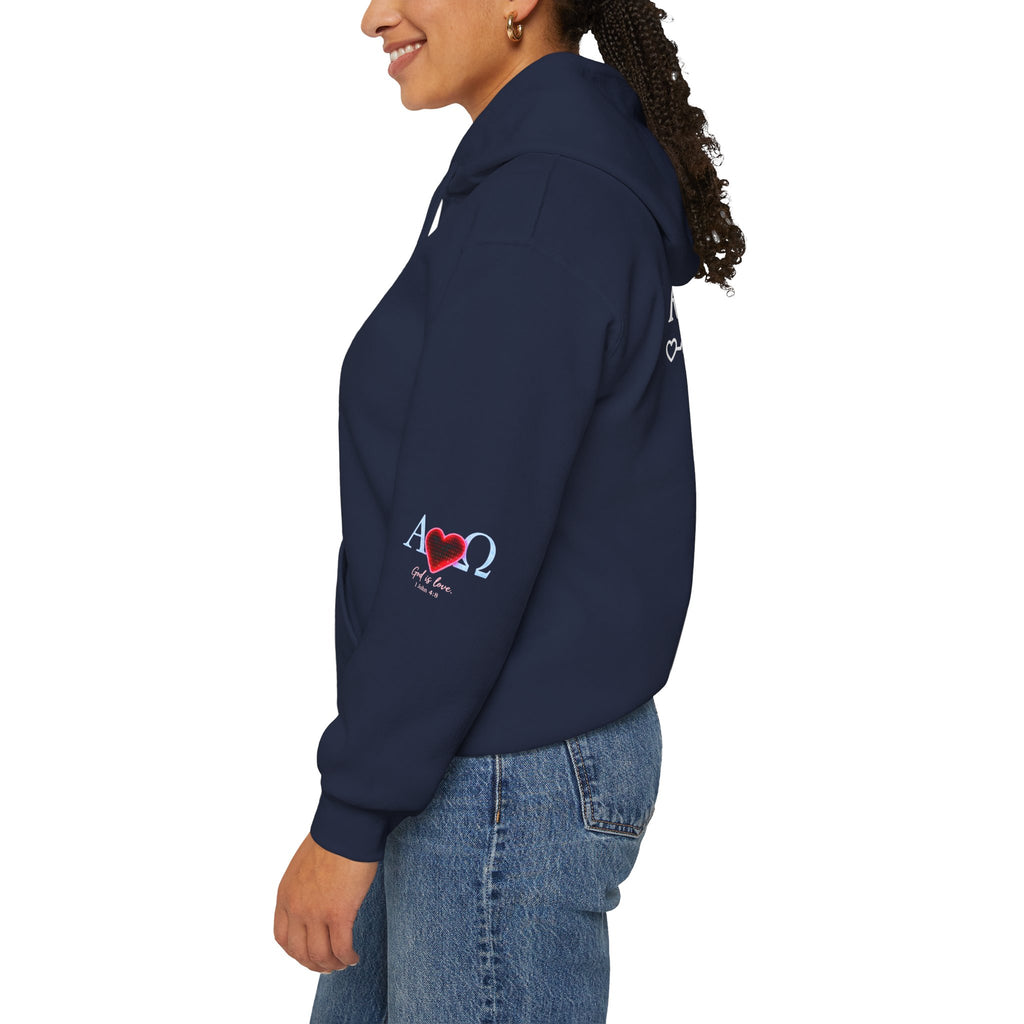 Alpha Omega Heart Hoodie | God is Love 1 John 4:8 Christian Hoodie