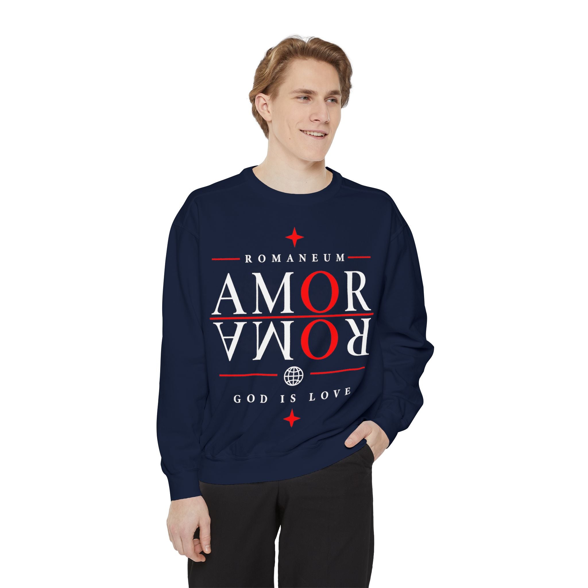 Romaneum Amor Crewneck Sweatshirt — "Amor Roma" Christian Graphic Sweatshirt