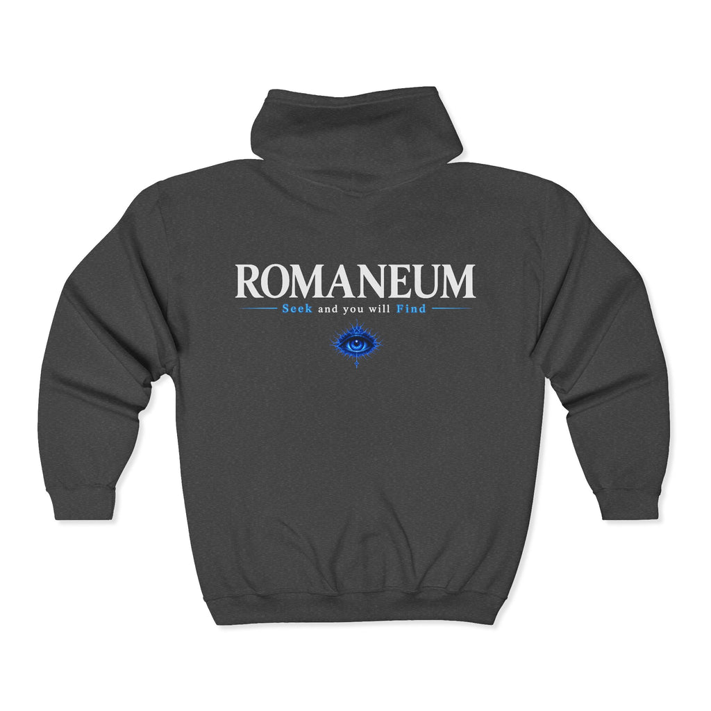 Romaneum Zip Hoodie — "Seek and you will Find" Gothic Logo