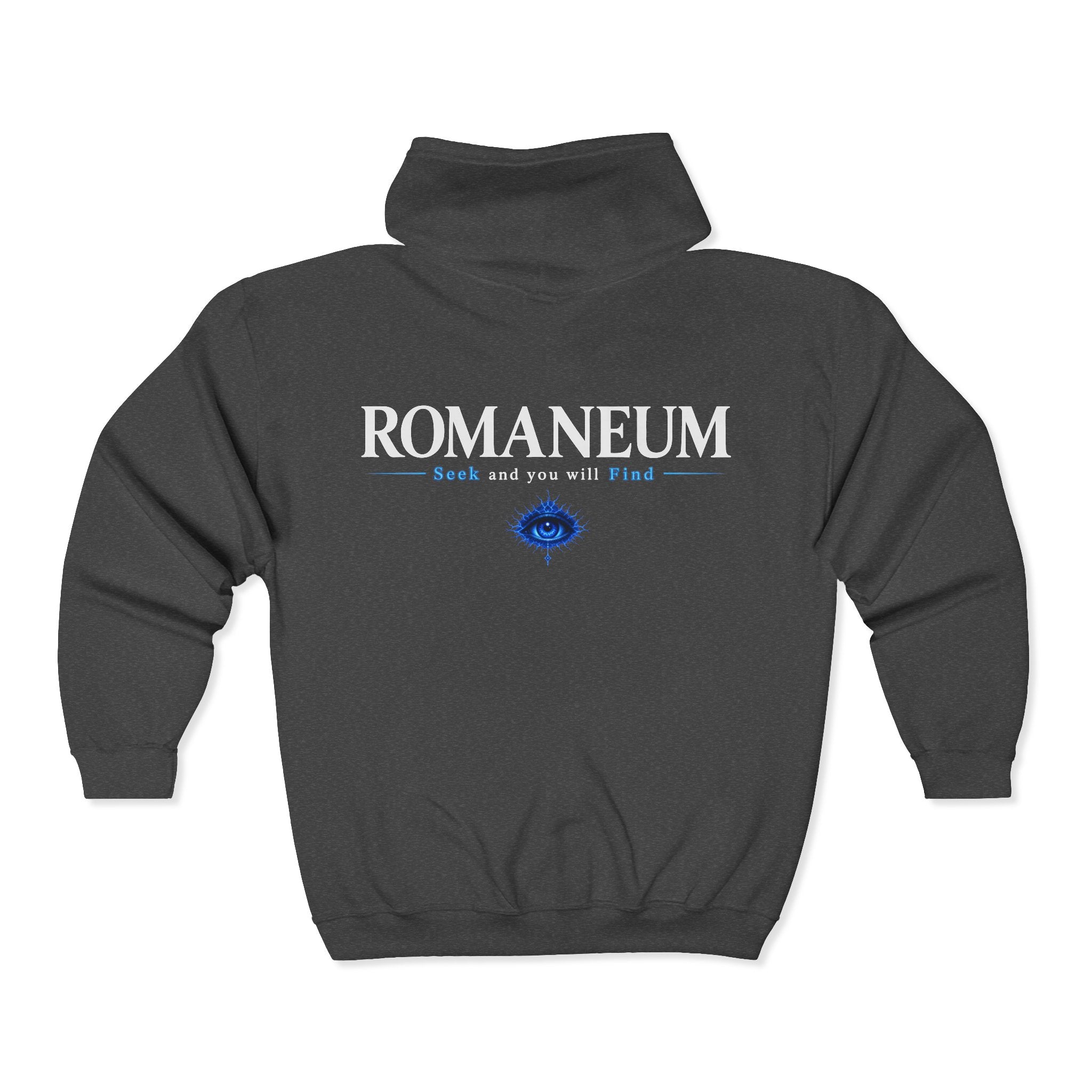 Romaneum Zip Hoodie — "Seek and you will Find" Gothic Logo