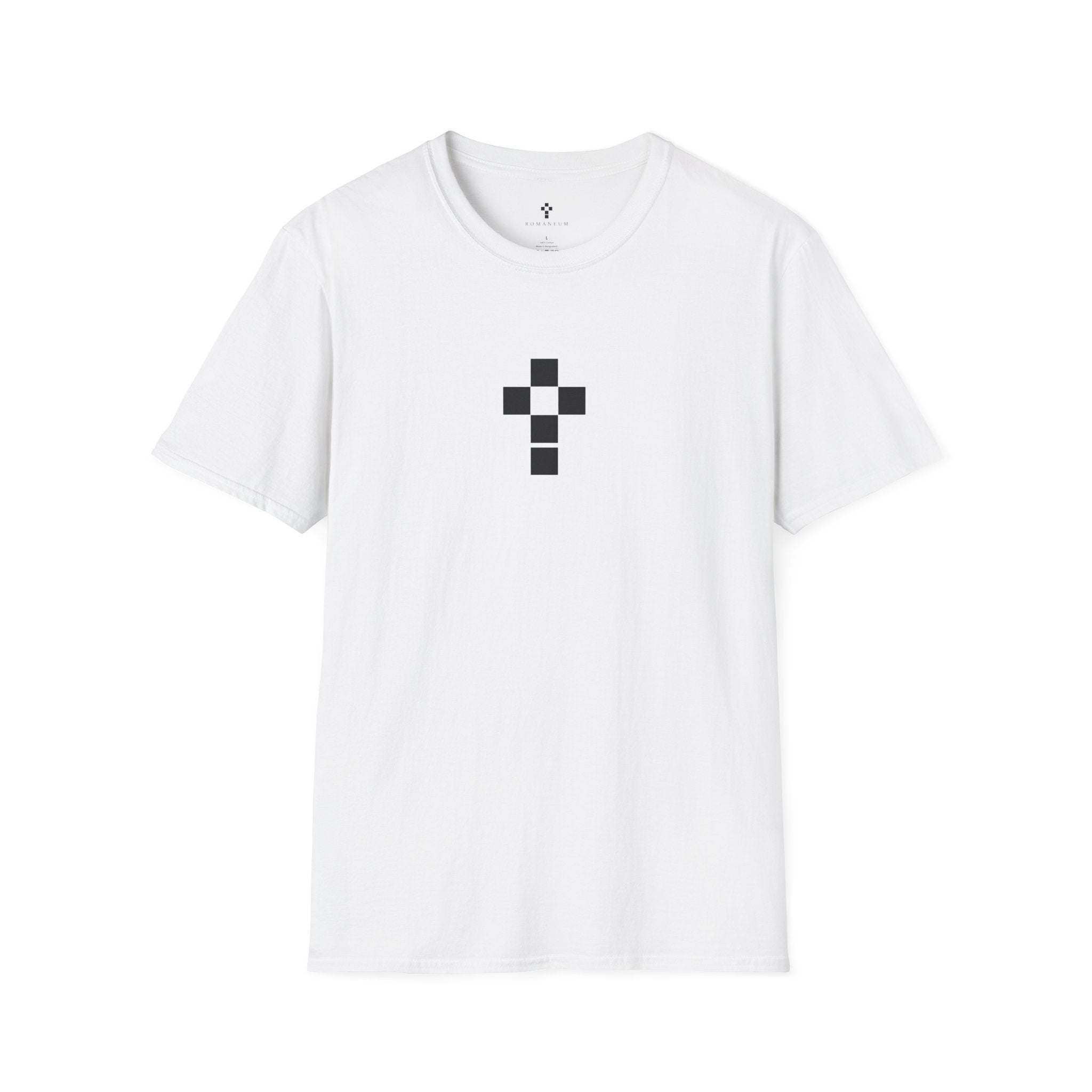 Romaneum Minimal Pixel Cross T-Shirt | Small Geometric Church Symbol