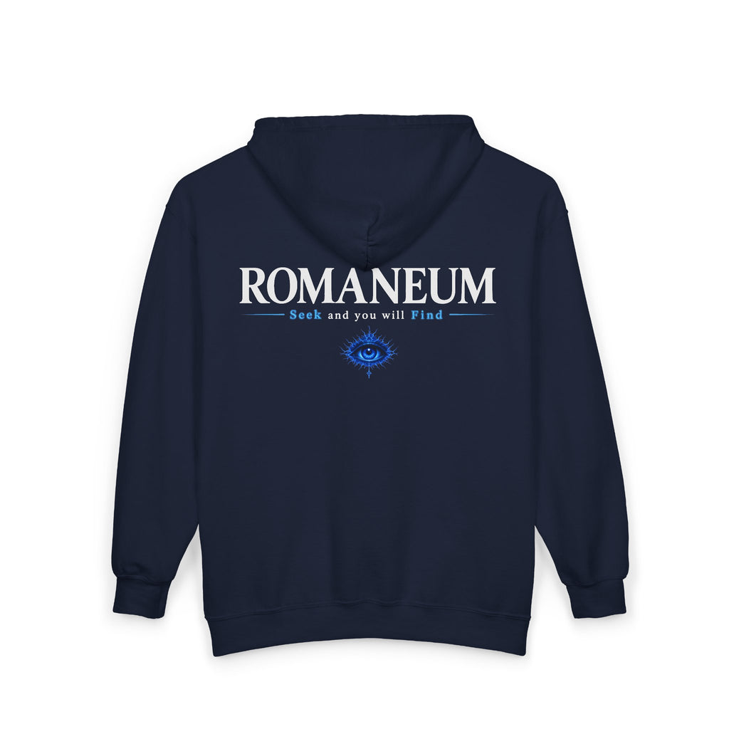 Romaneum Zip Hoodie — "Seek and you will Find" Gothic Logo