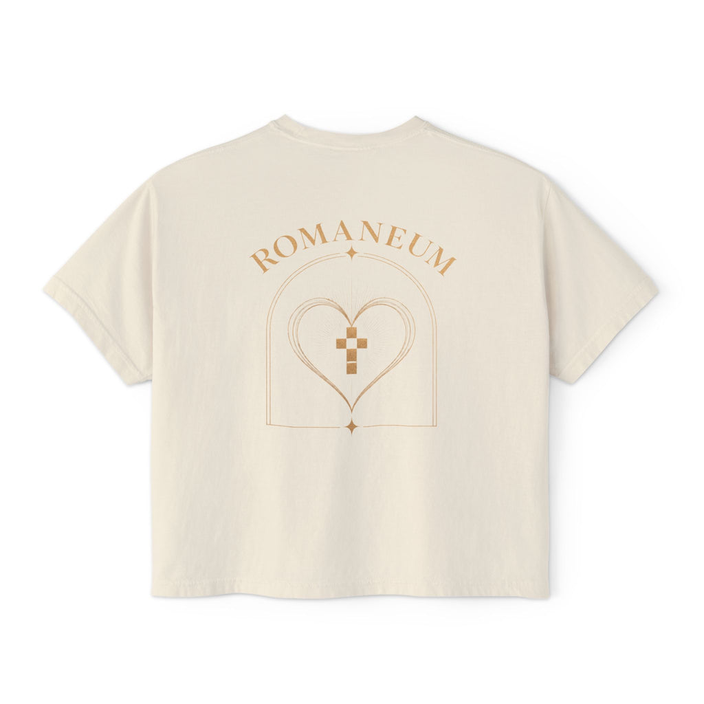 Romaneum Women's Boxy Tee — Gold Cross & Heart Spiritual Graphic