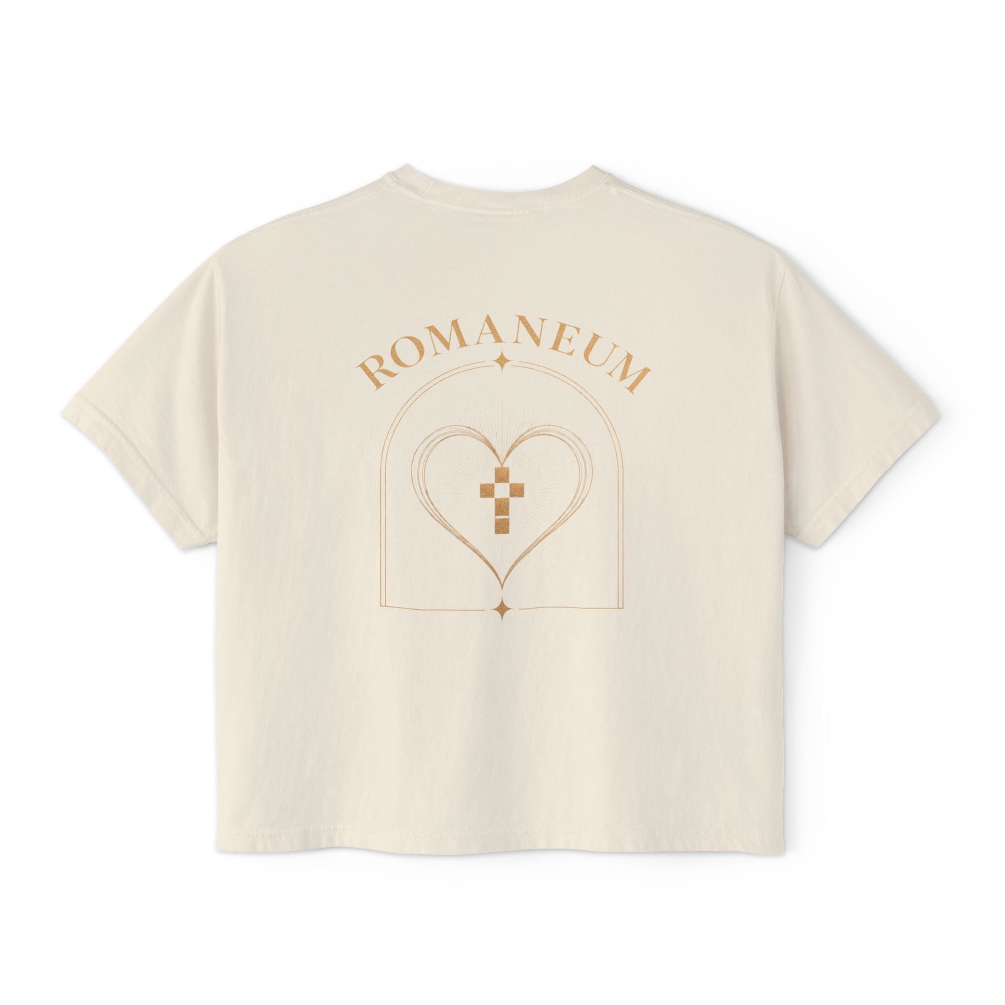Romaneum Women's Boxy Tee — Gold Cross & Heart Spiritual Graphic