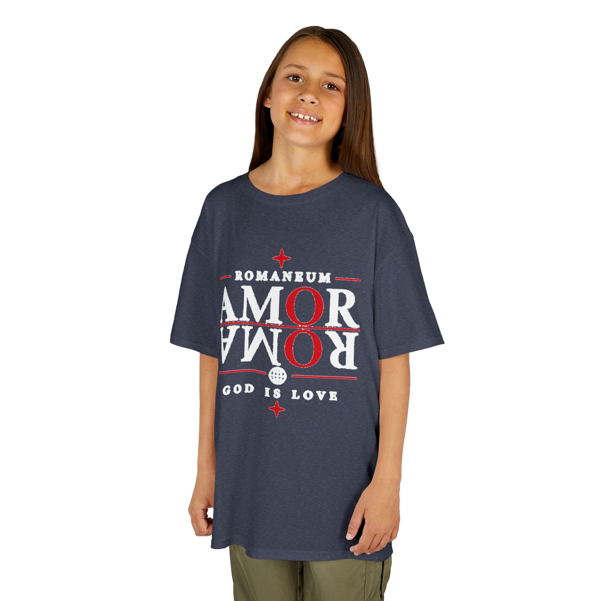 Kids Tee — "Amor Roma / God is Love" Religious Graphic Shirt