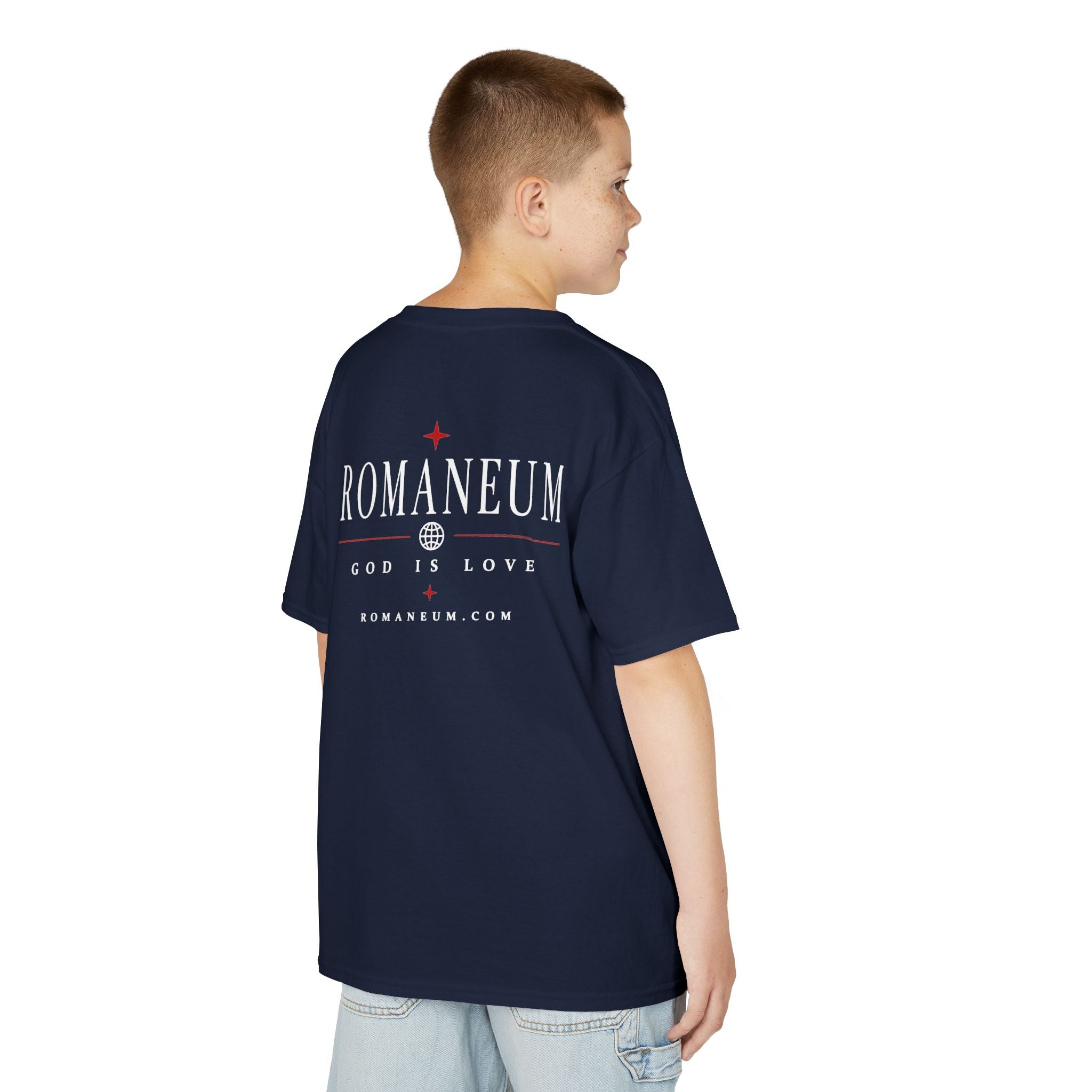 Kids Tee — "Amor Roma / God is Love" Religious Graphic Shirt
