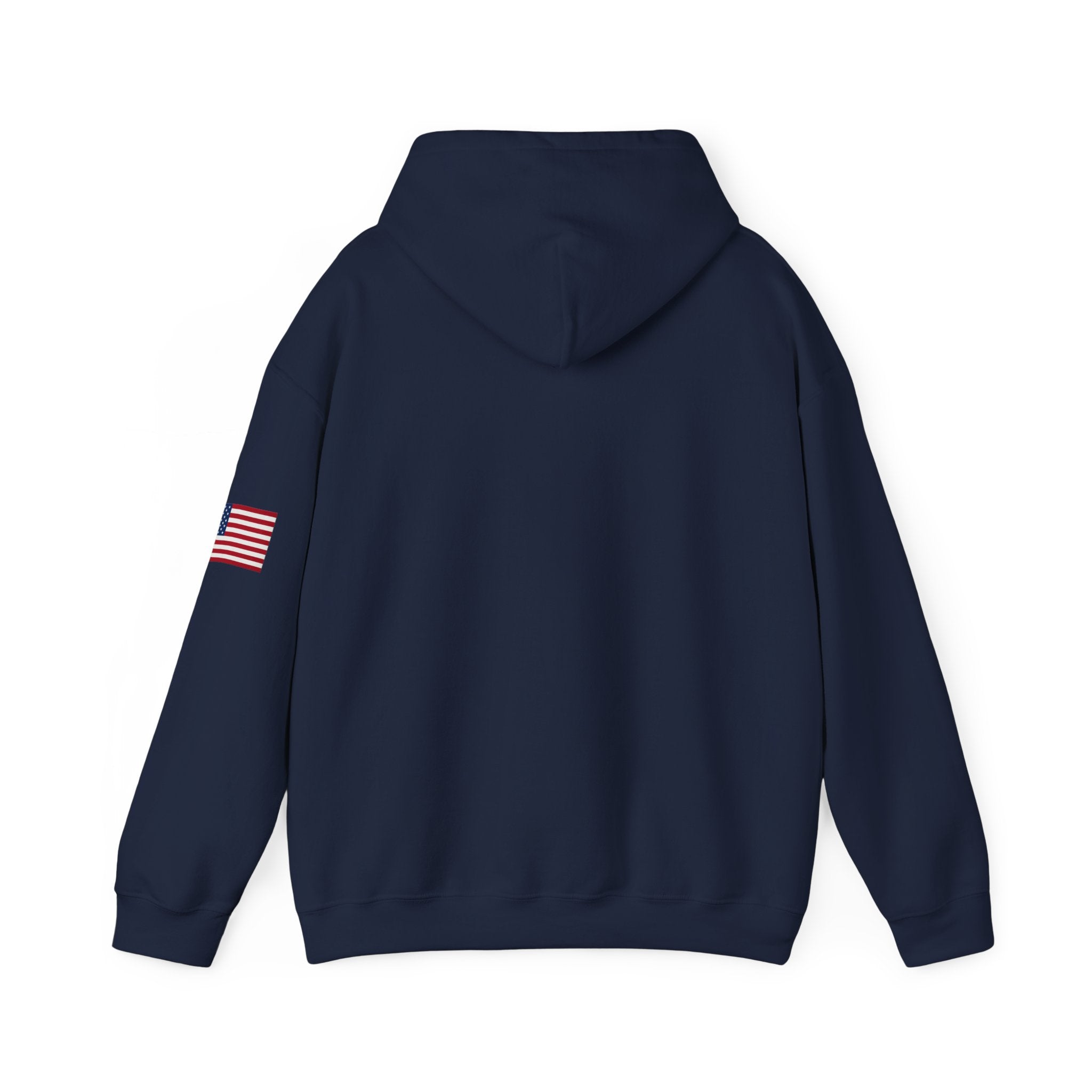 Romaneum Pixel Cross Hoodie | Small Black Cross, American Flag Sleeve
