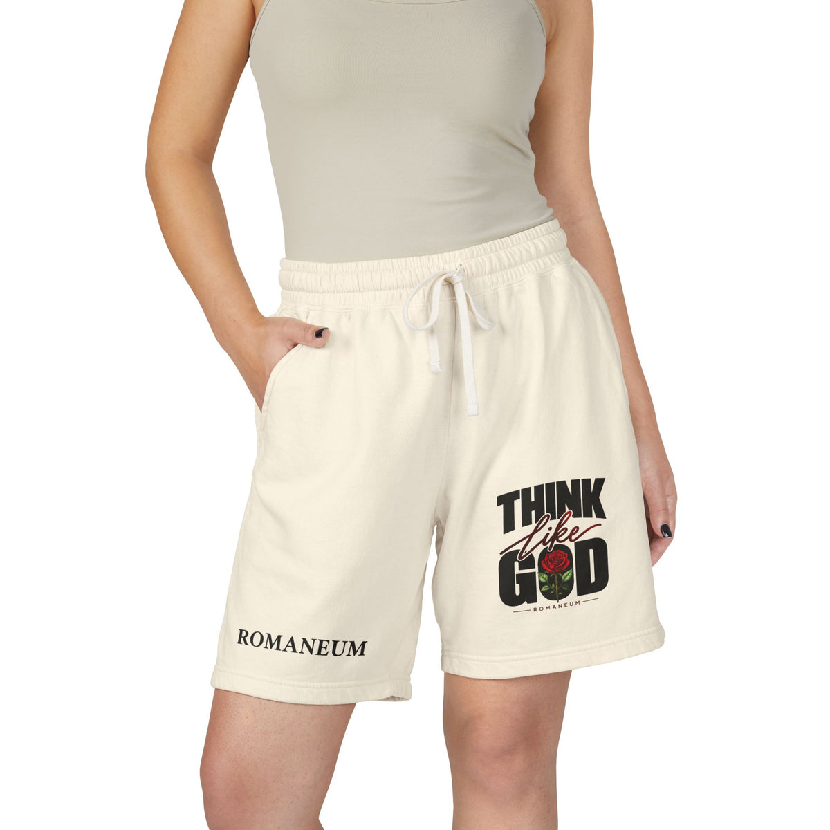 Think Like God Sweat Shorts — Graphic Fleece Lounge Shorts (Romaneum)