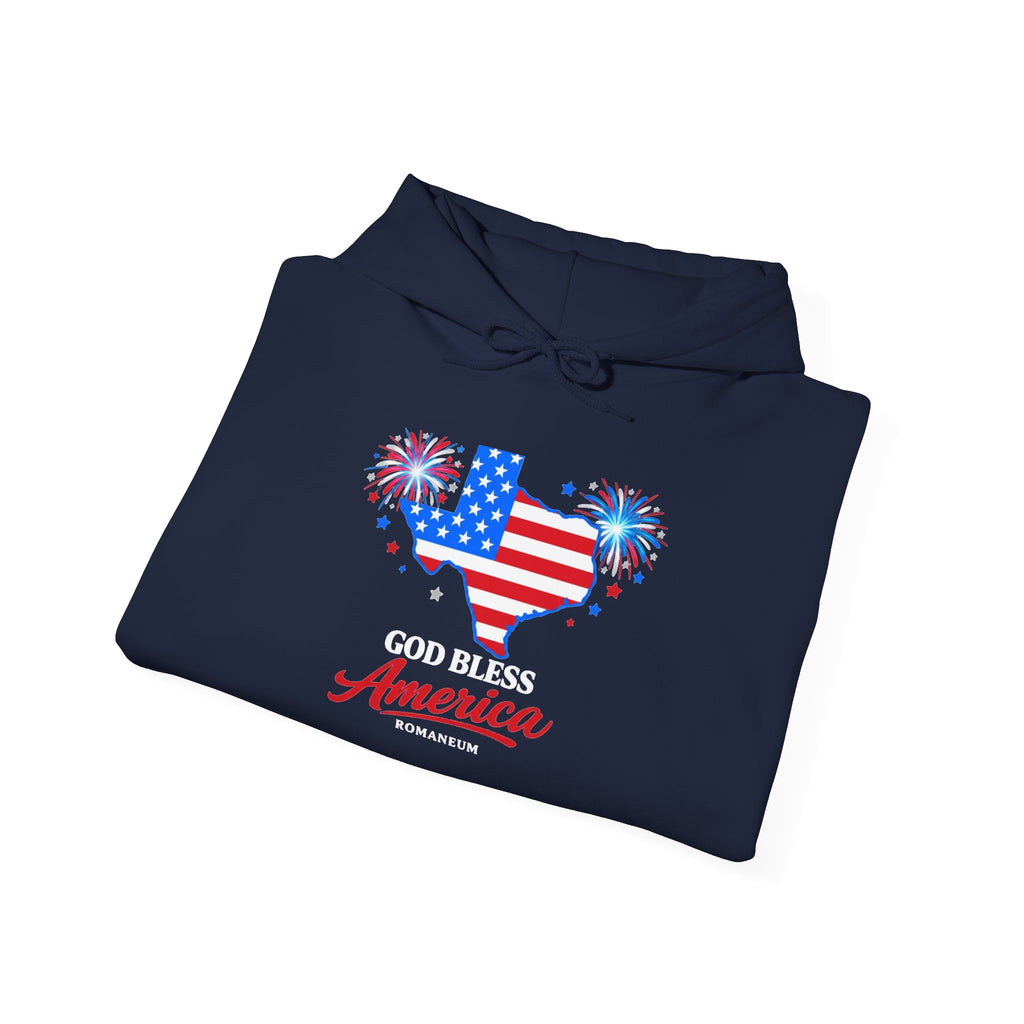 Romaneum God Bless America flag map Hoodie | American flag fireworks sleeve
