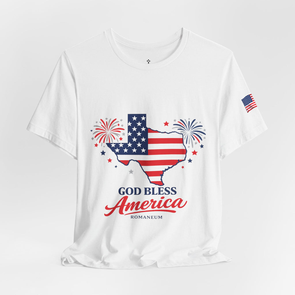 Romaneum God Bless America map tee | American flag outline, fireworks, patriotic shirt