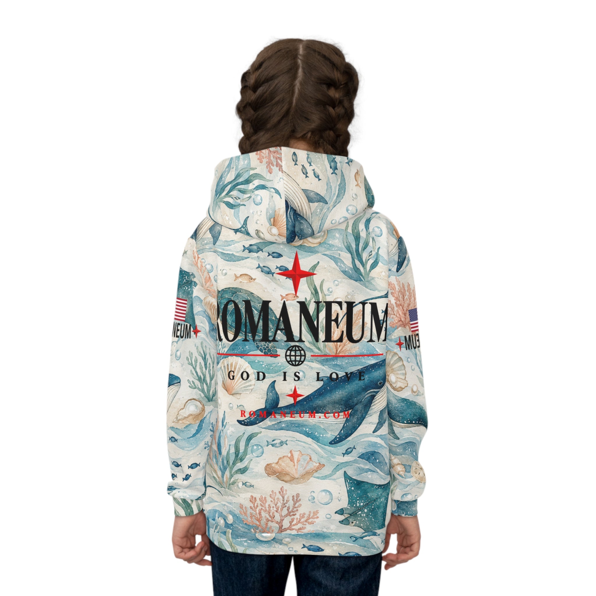 Children's All-Over-Print Hoodie — Whale & Ocean Watercolor "Amor Roma" Design (God Is Love)