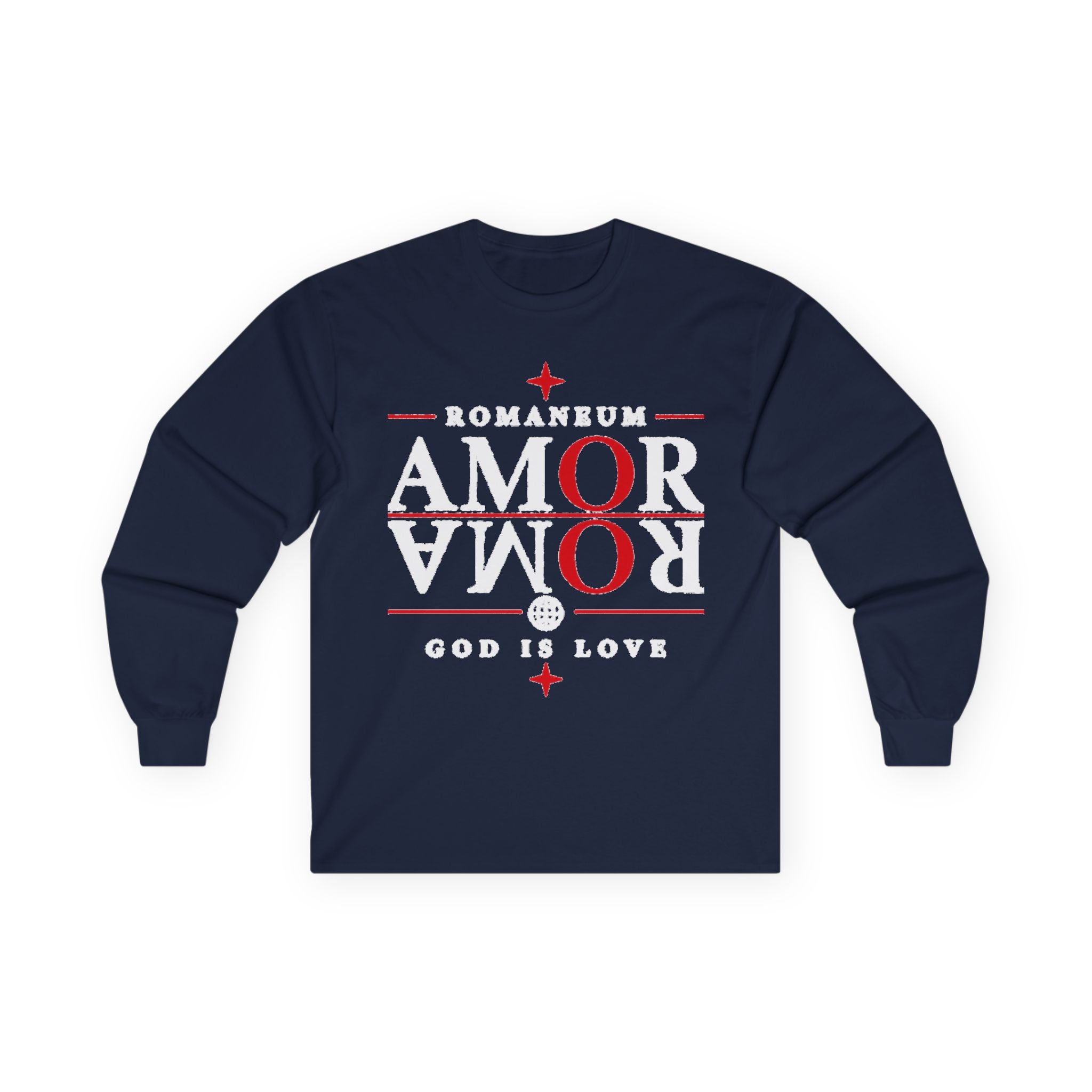 Long Sleeve Tee — "AMOR" Romaneum God Is Love Religious Graphic Shirt