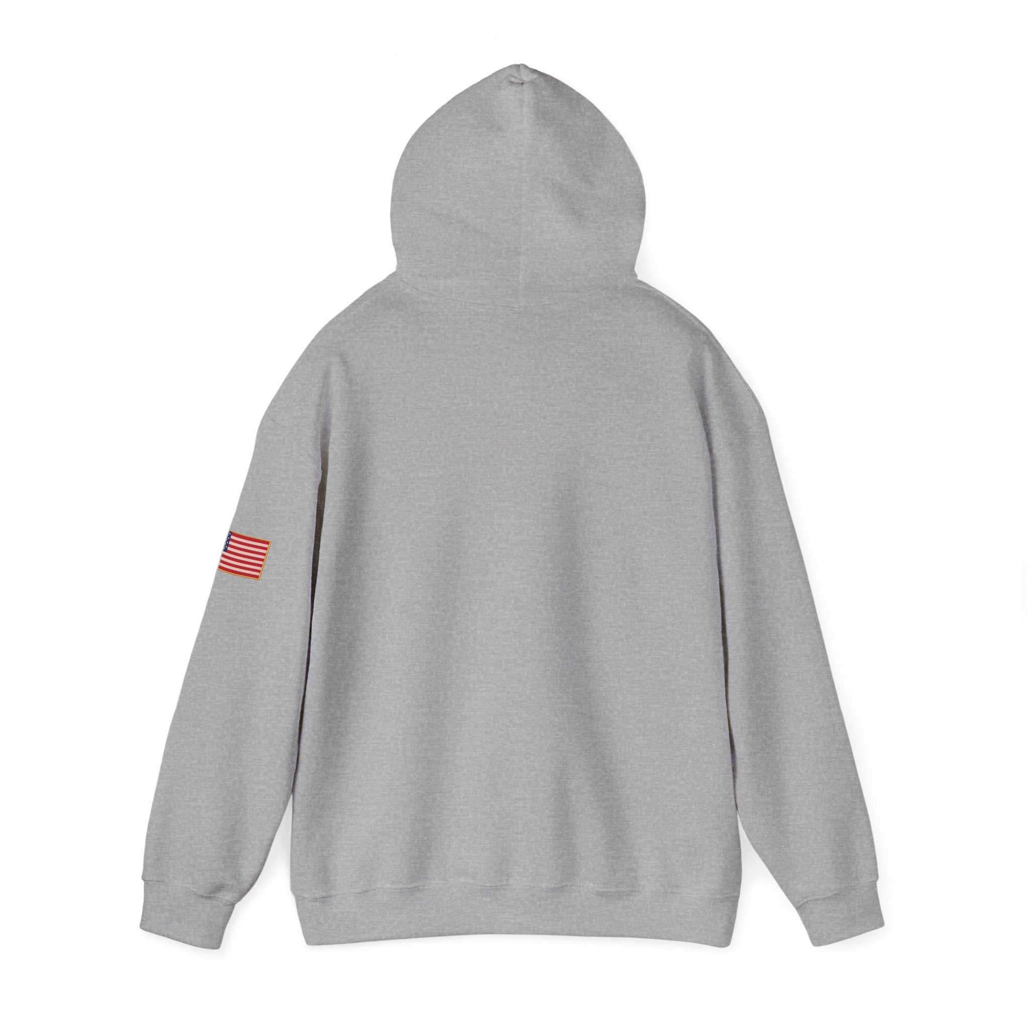 Romaneum Pixel Cross Hoodie | Small Black Cross, American Flag Sleeve