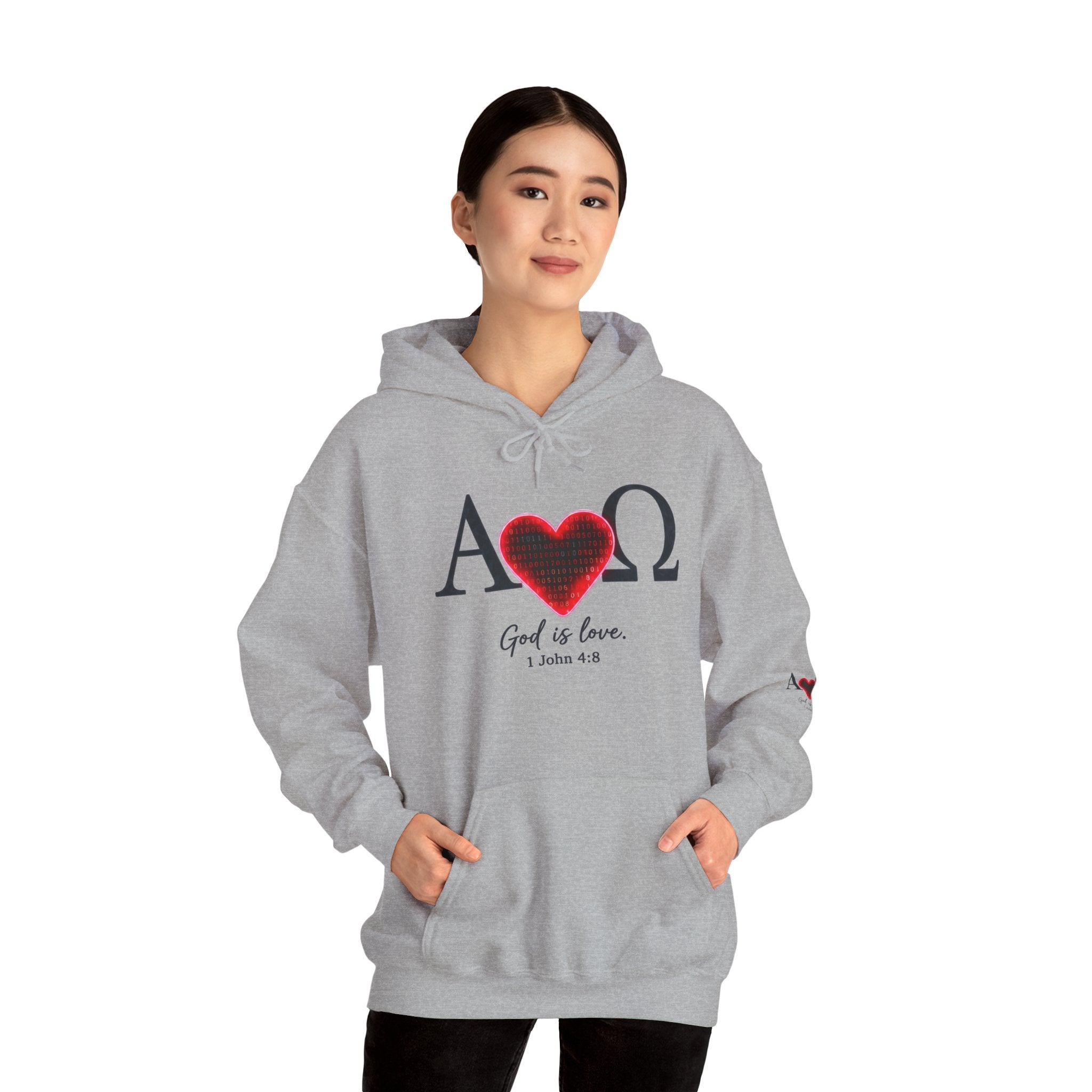 Romaneum Alpha Omega Heart Hoodie | God is Love 1 John 4:8 Christian Hoodie