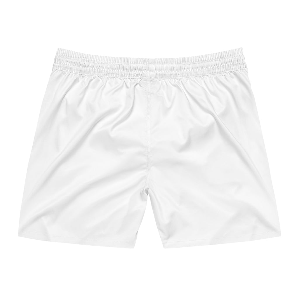 Romaneum Logo Men's Swim Shorts — White Mid-Length Beach Trunks