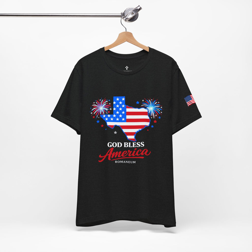 Romaneum God Bless America map tee | American flag outline, fireworks, patriotic shirt
