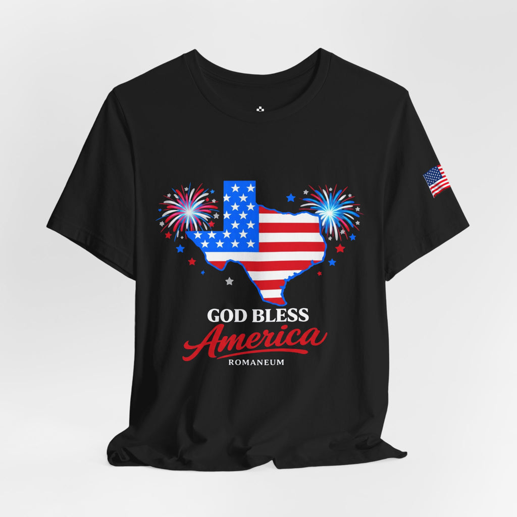 Romaneum God Bless America map tee | American flag outline, fireworks, patriotic shirt