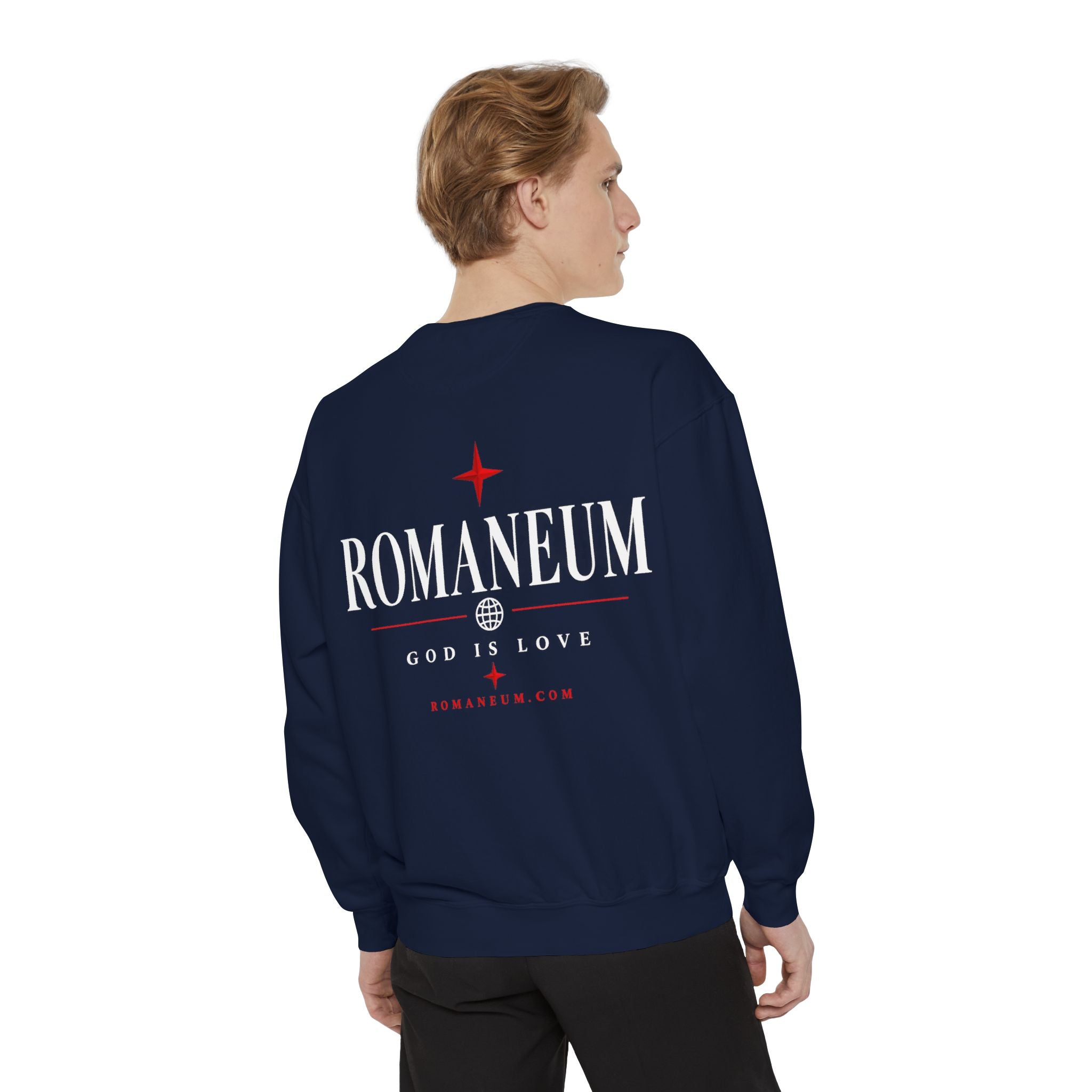 Romaneum Amor Crewneck Sweatshirt — "Amor Roma" Christian Graphic Sweatshirt