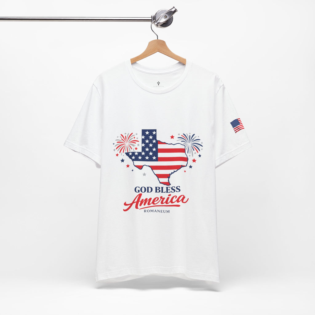 Romaneum God Bless America map tee | American flag outline, fireworks, patriotic shirt