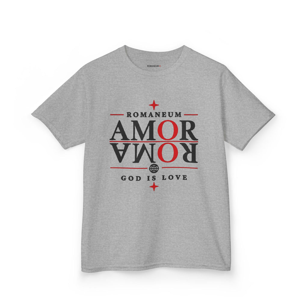 Kids Tee — "Amor Roma / God is Love" Religious Graphic Shirt