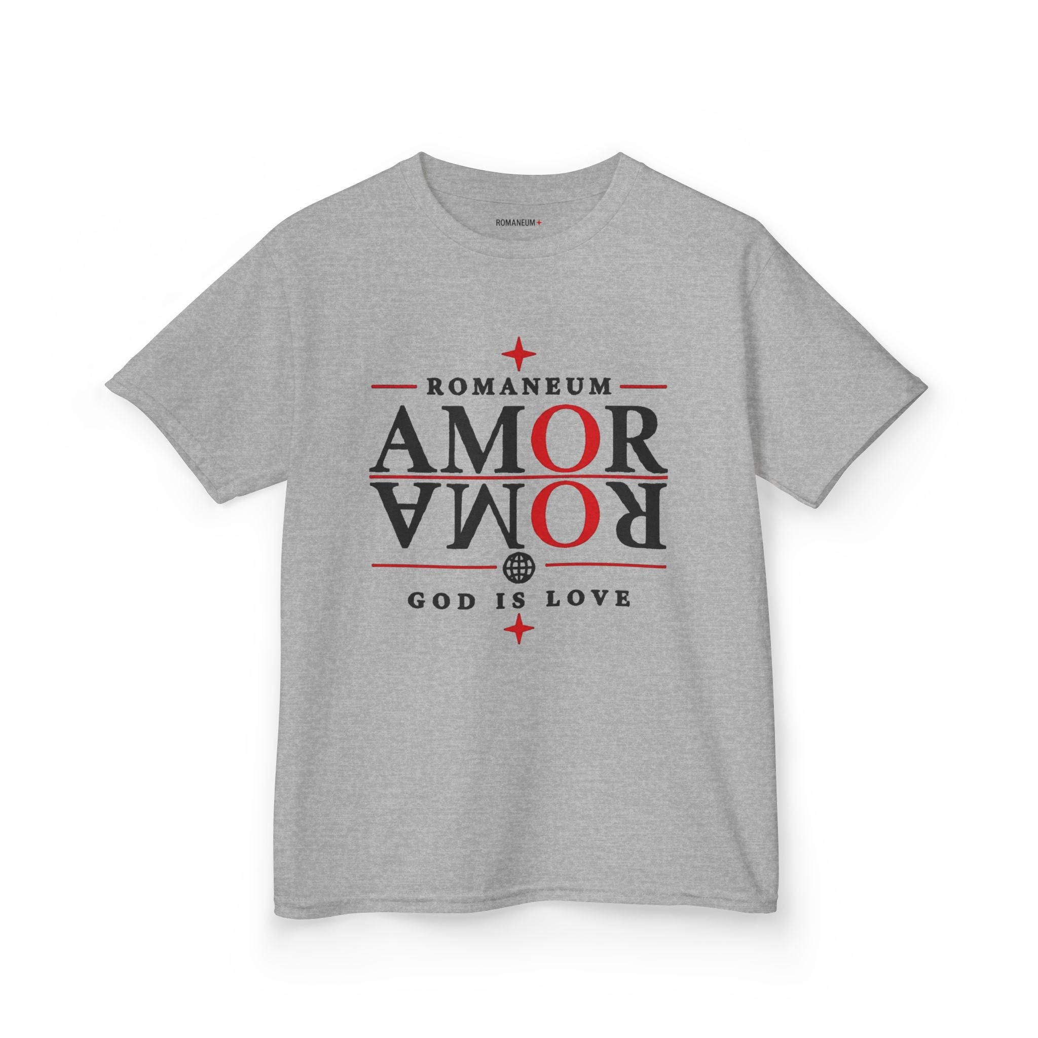 Kids Tee — "Amor Roma / God is Love" Religious Graphic Shirt
