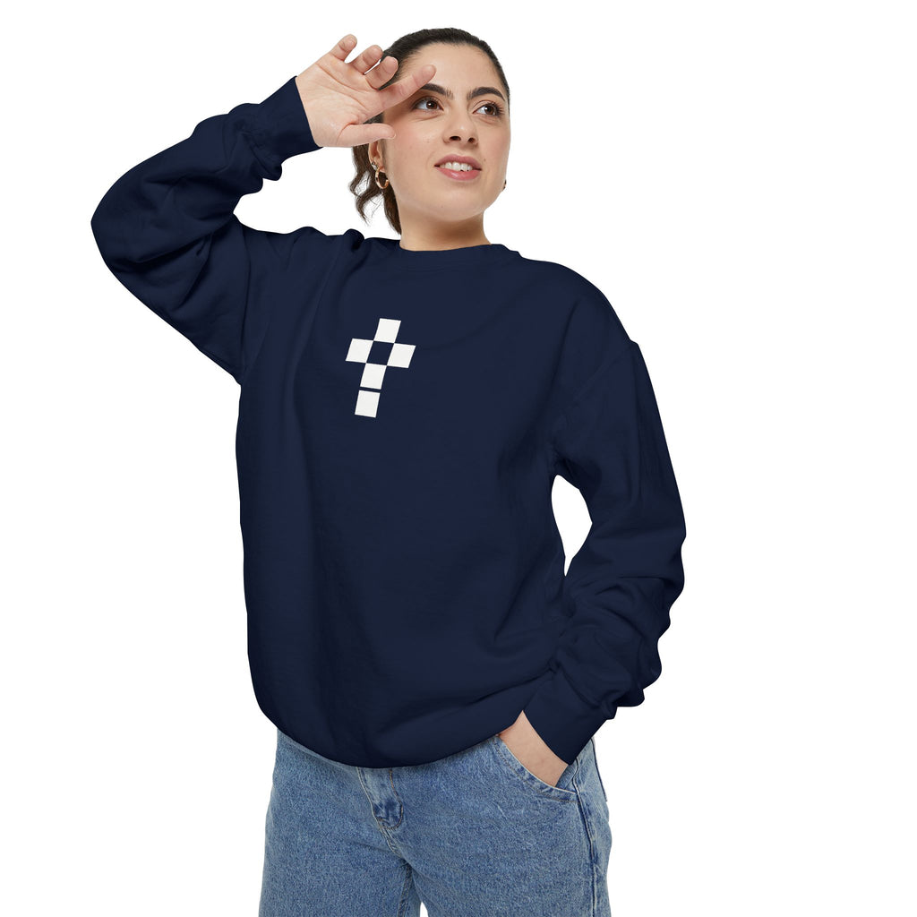 Romaneum Checkerboard Cross Sweatshirt | Minimal Religious Crewneck