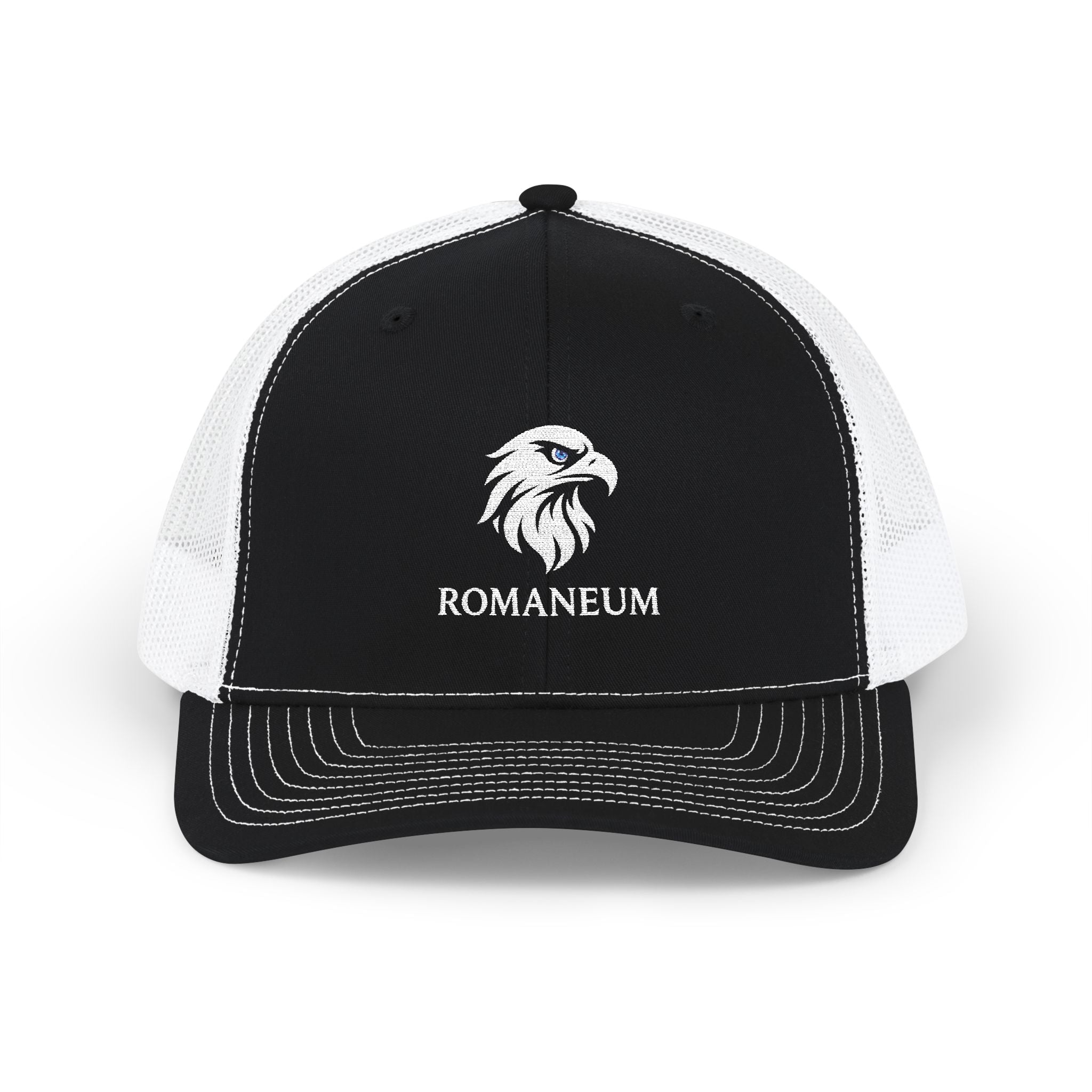 Eagle Head Romanem Trucker Cap | Embroidered Black White Mesh