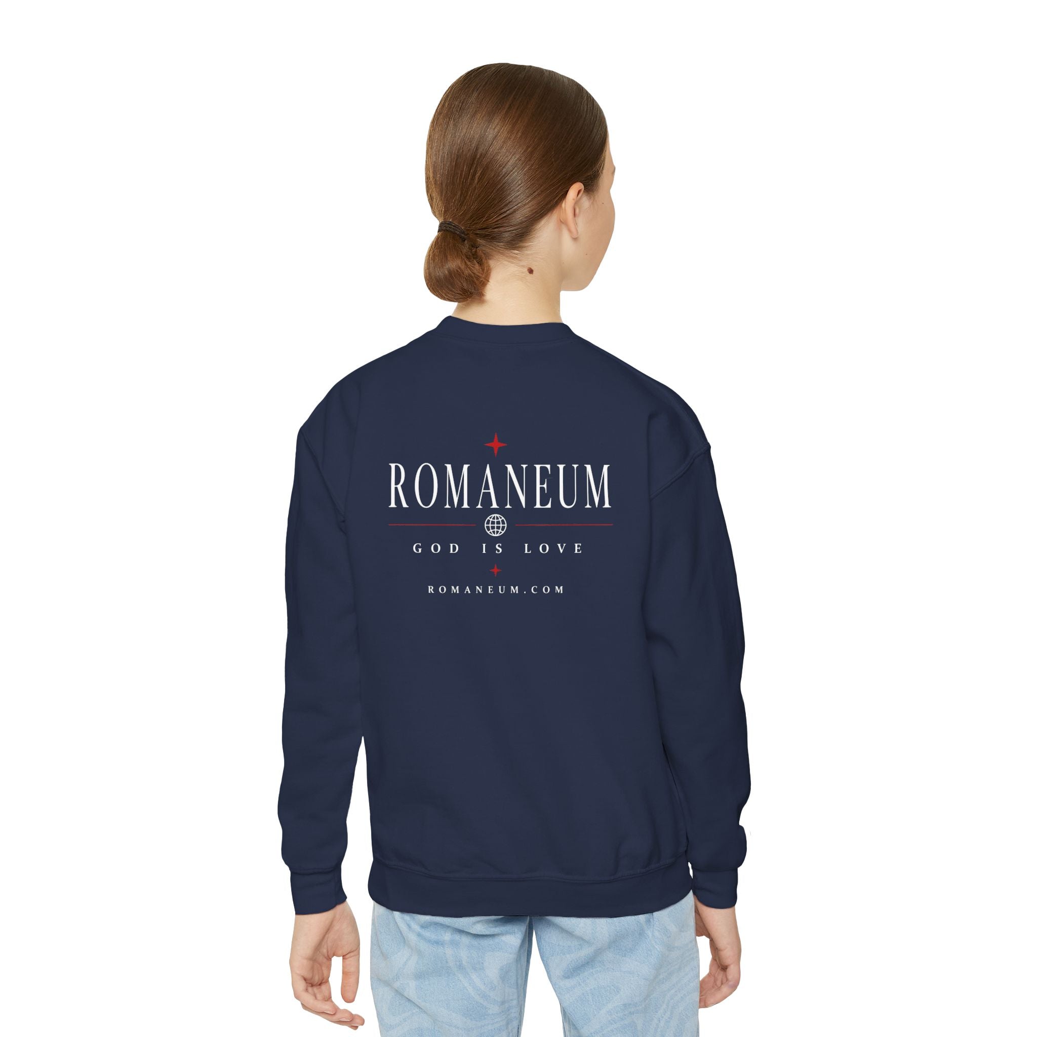 Romaneum Amor Crewneck Sweatshirt — “AMOR/ROMA” God Is Love Youth Pullover