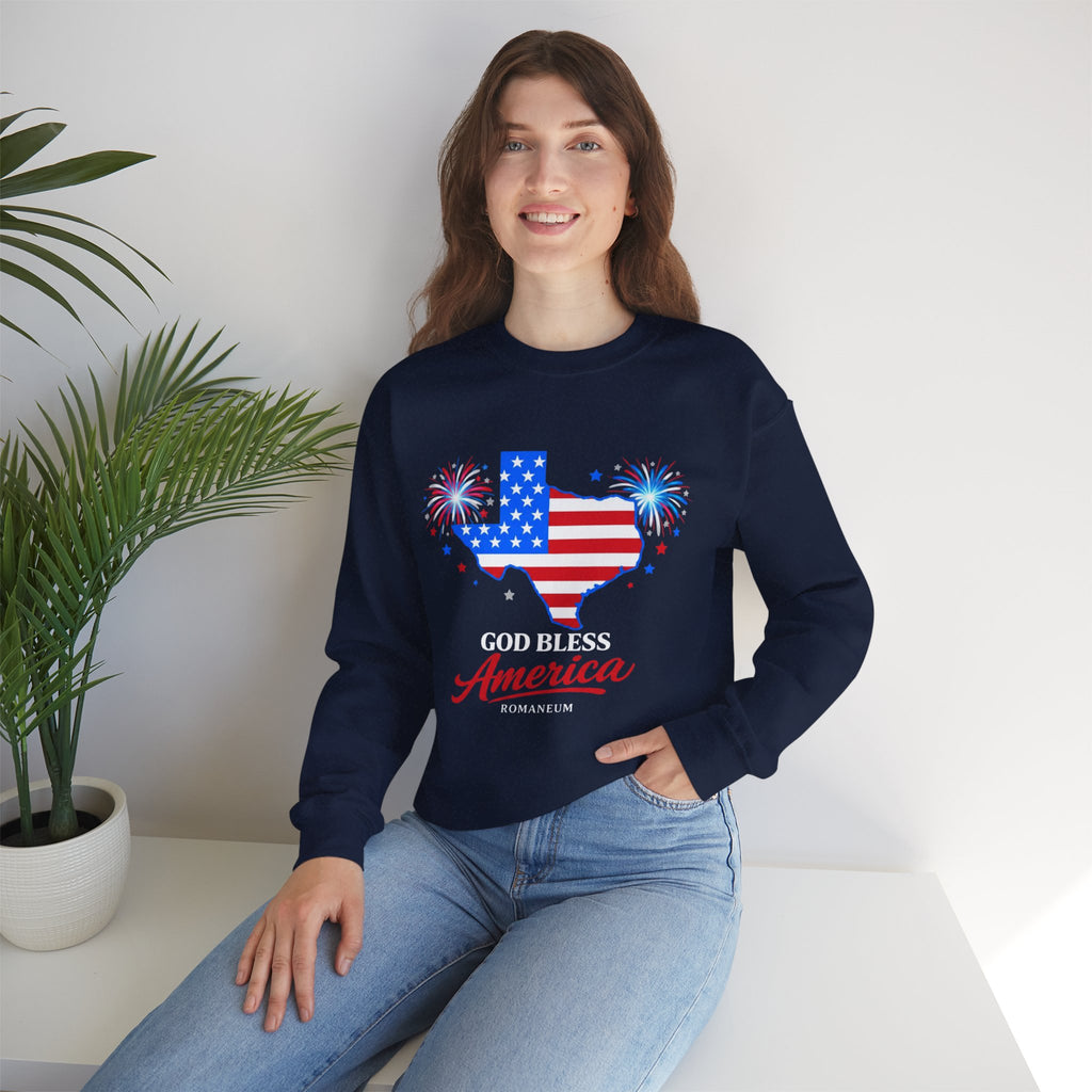 Romaneum God Bless America Flag Heart sweatshirt | Patriotic 4th of July crewneck