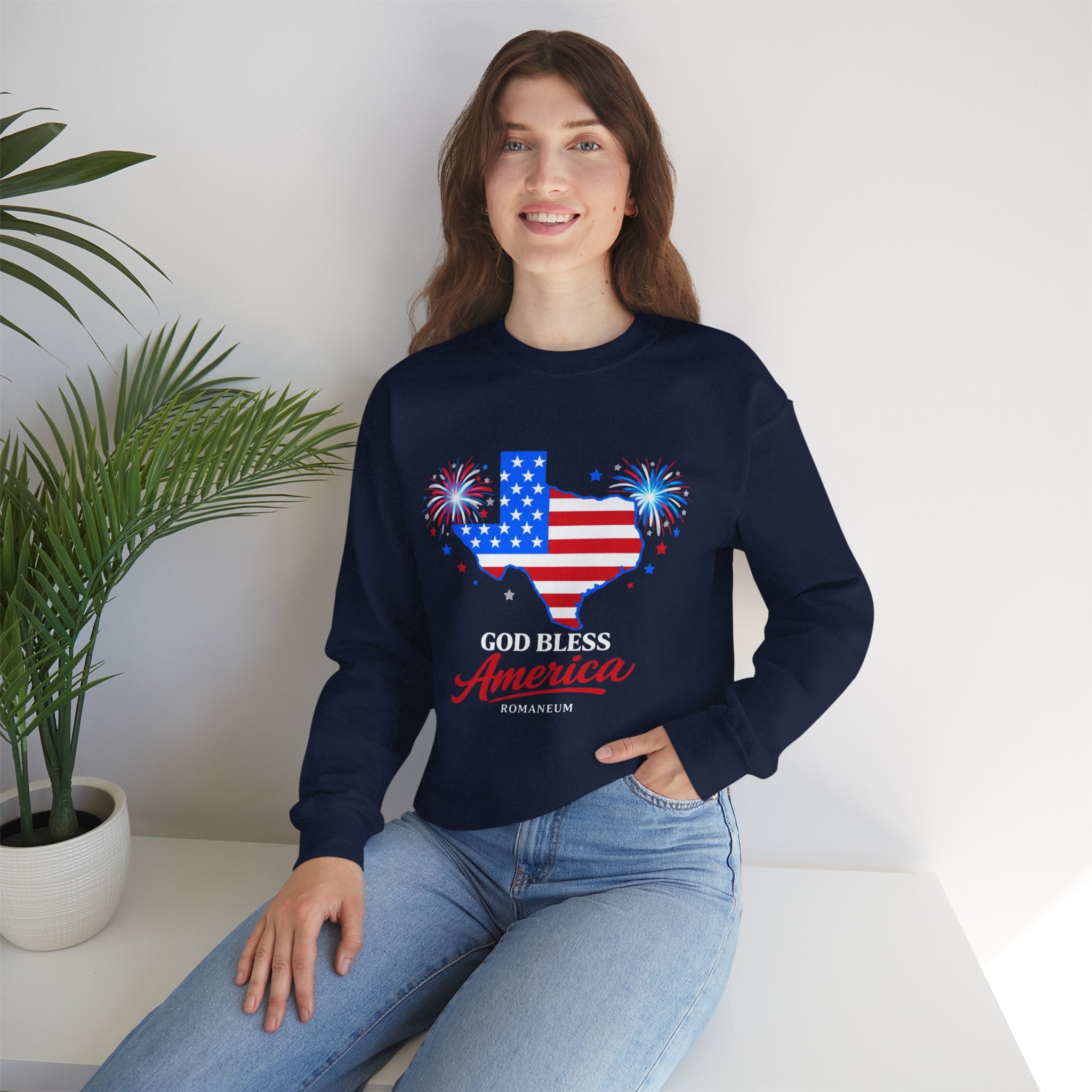 Romaneum God Bless America Flag Heart sweatshirt | Patriotic 4th of July crewneck