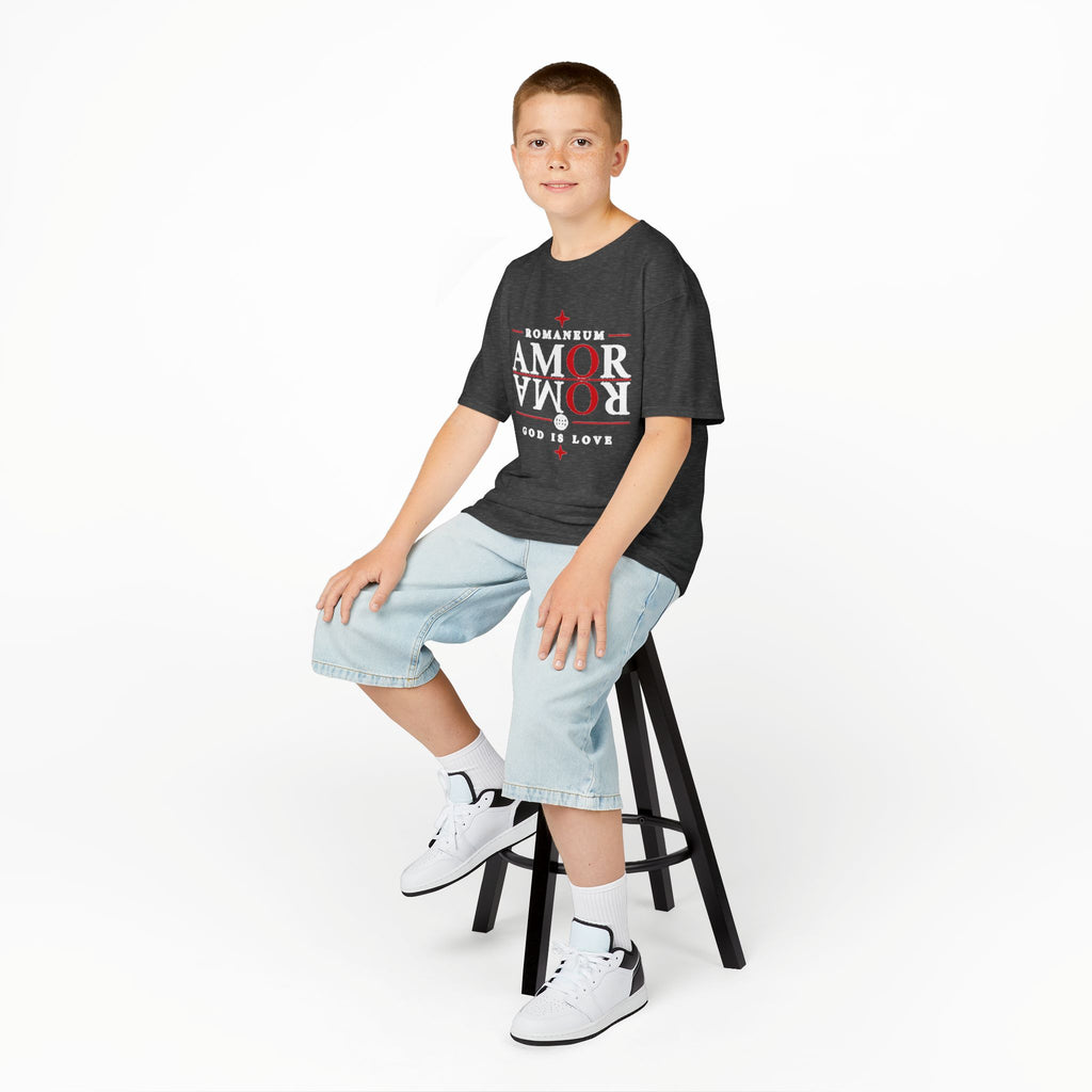 Kids Tee — "Amor Roma / God is Love" Religious Graphic Shirt