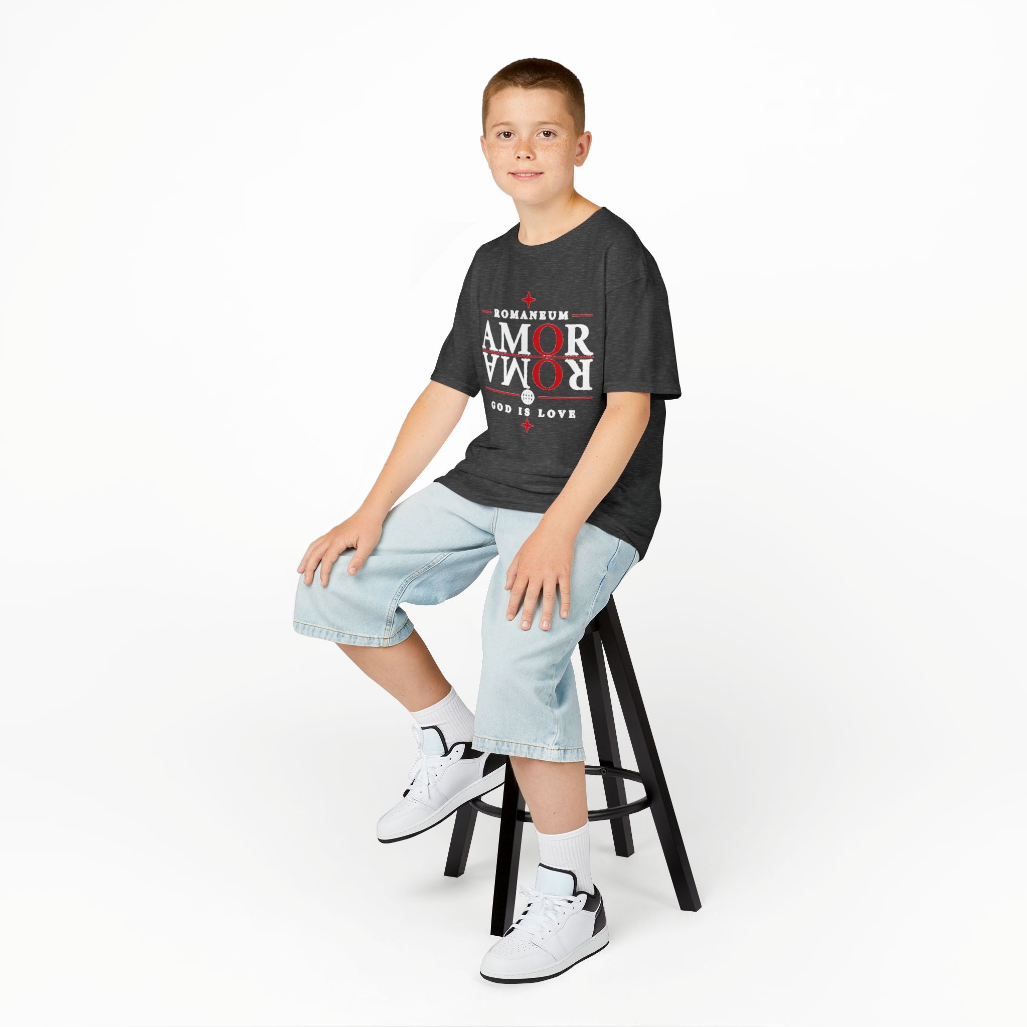 Kids Tee — "Amor Roma / God is Love" Religious Graphic Shirt