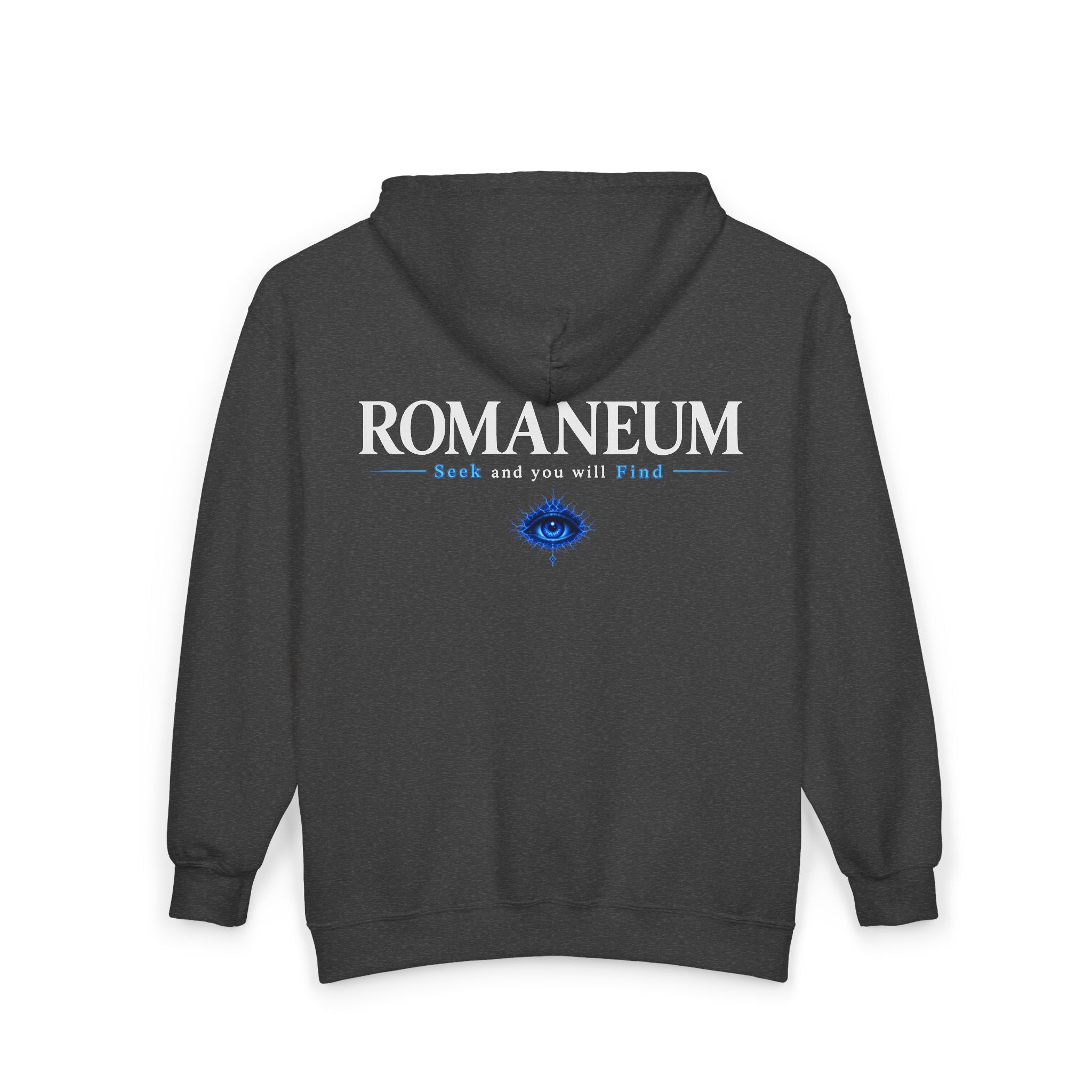 Romaneum Zip Hoodie — "Seek and you will Find" Gothic Logo