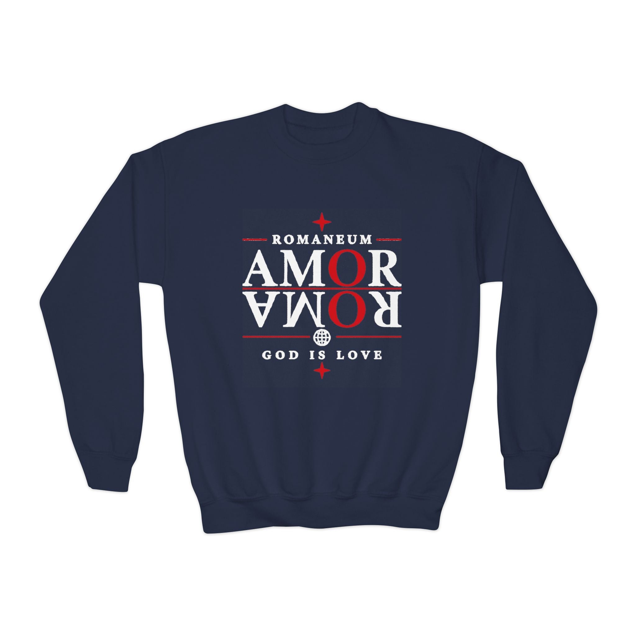 Romaneum Amor Crewneck Sweatshirt — “AMOR/ROMA” God Is Love Youth Pullover